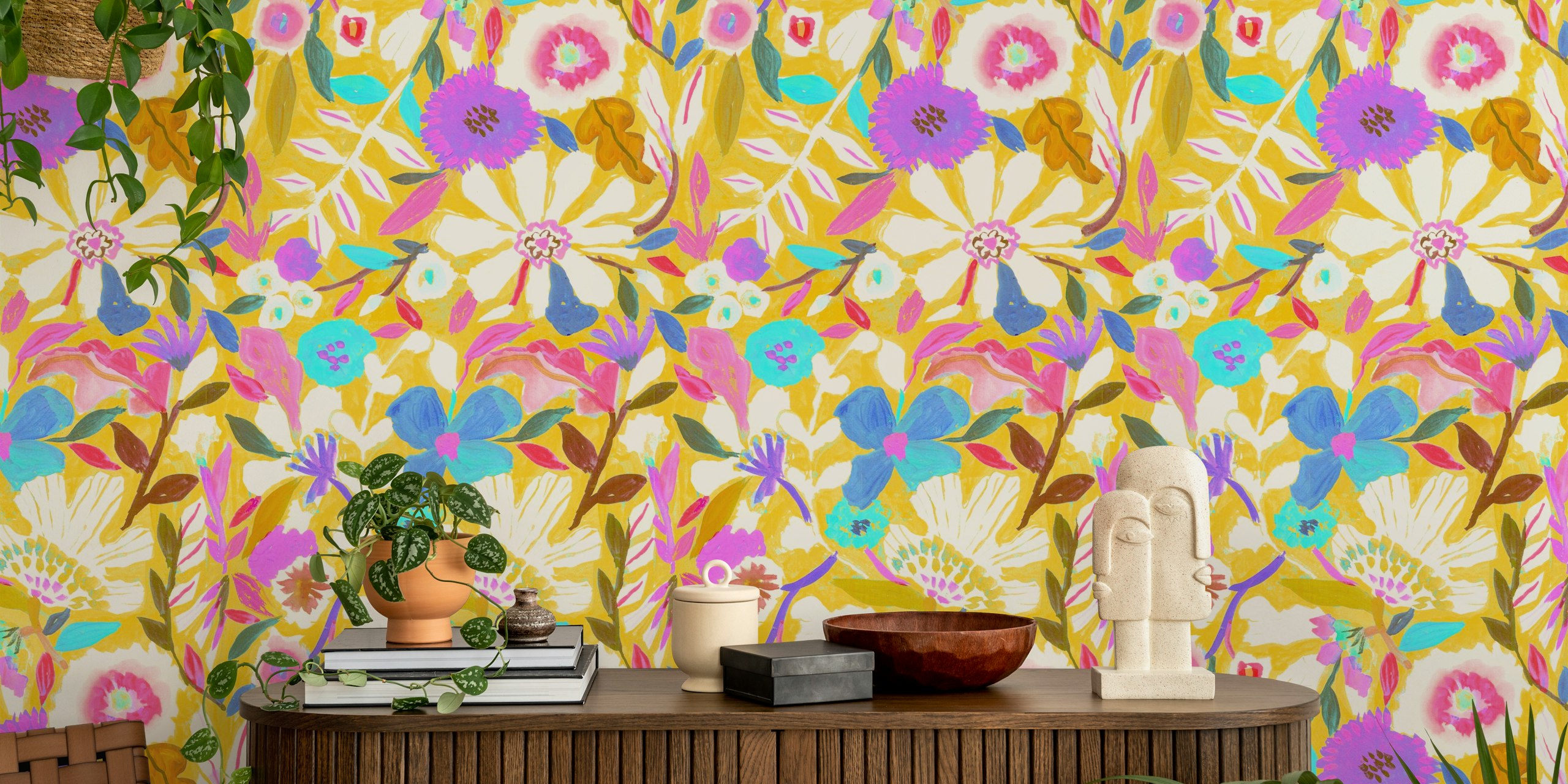 Vibrant watercolor floral design with yellow background wallpaper
