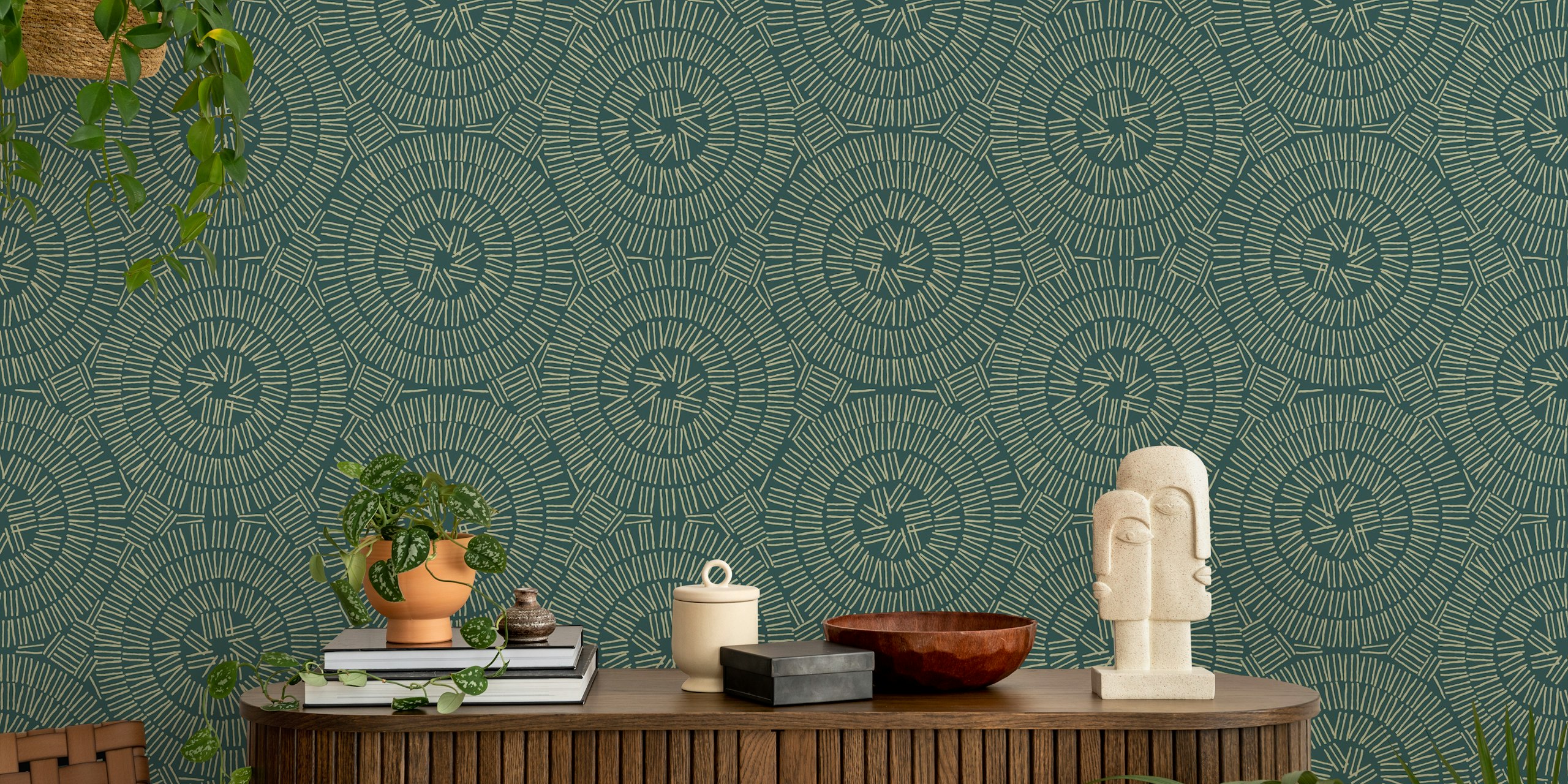Geometric lines and circles in dark green and light beige wallpaper