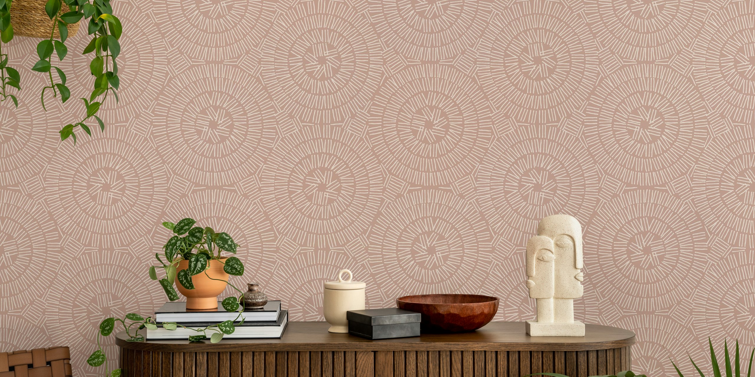 Boho pink lines and circles tapetti huoneessa