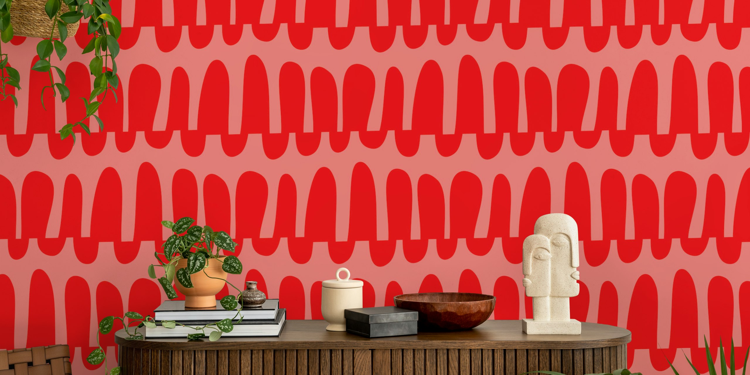 Wavy horizontal stripes pink red wallpaper in room