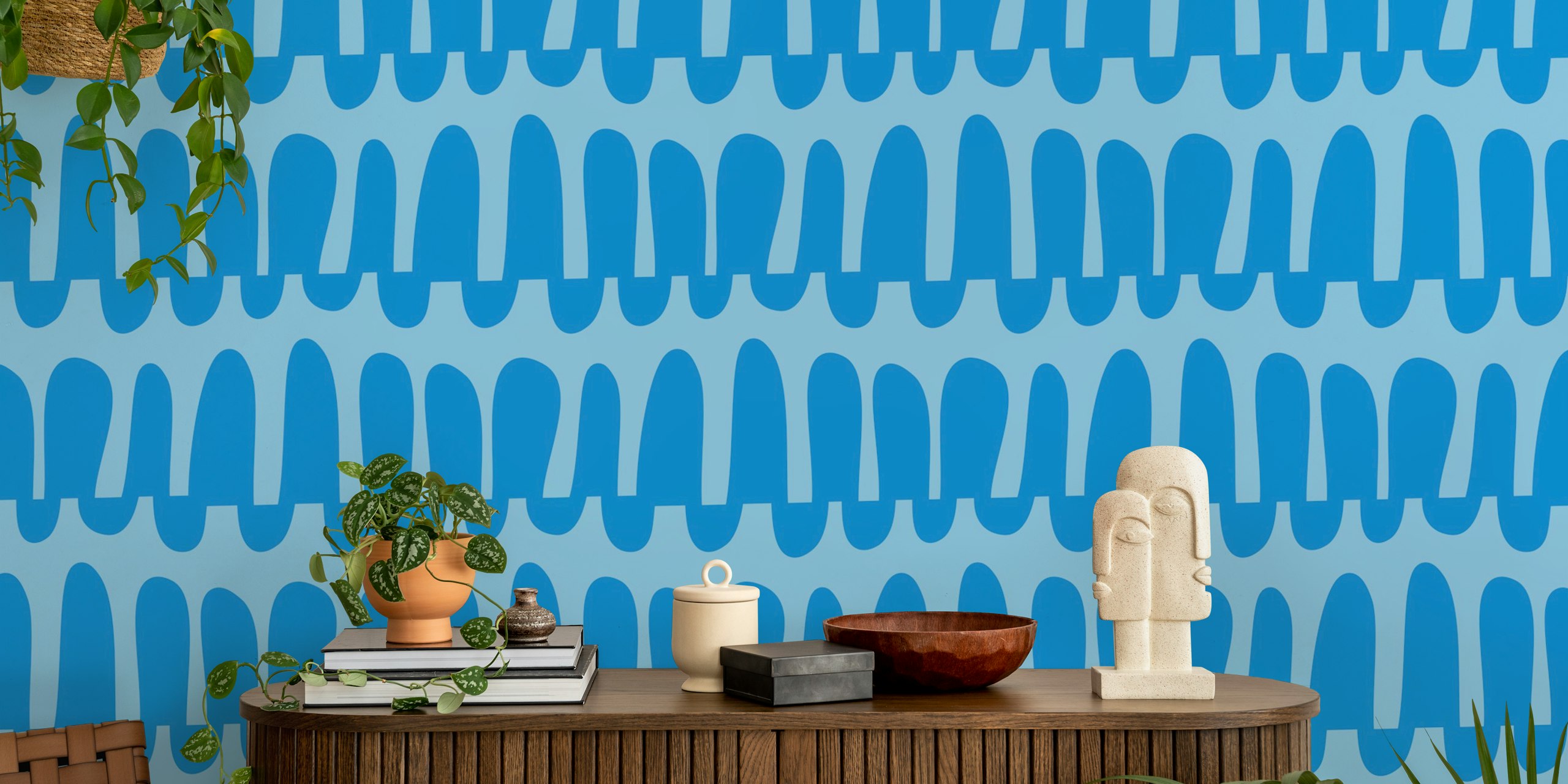Wavy blue stripes wallpaper in a room