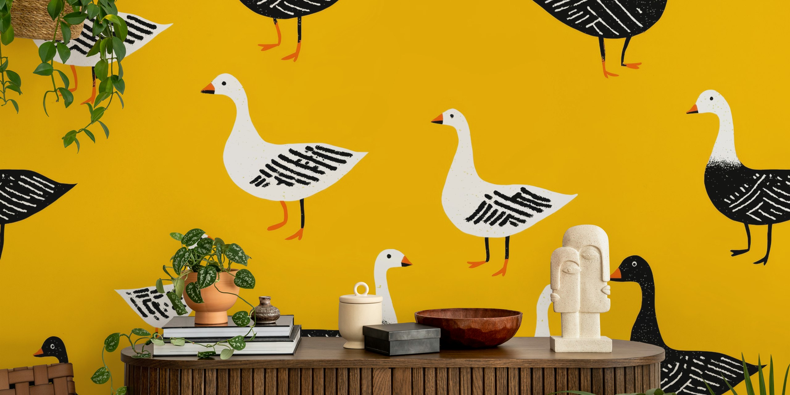 Ducks on Mustard Canvas papel de parede em um quarto