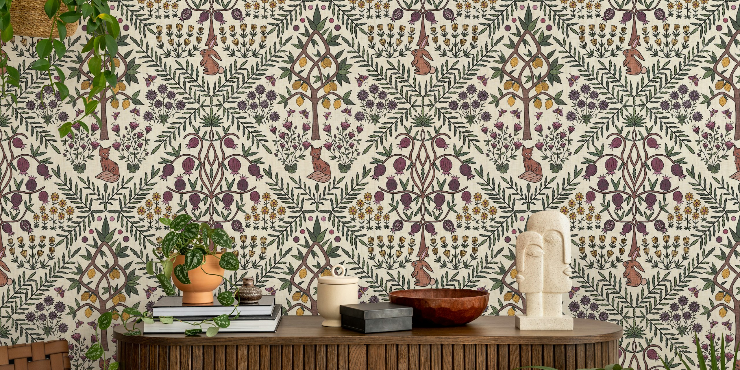 Fox and flower motifs with plum and green tones wallpaper