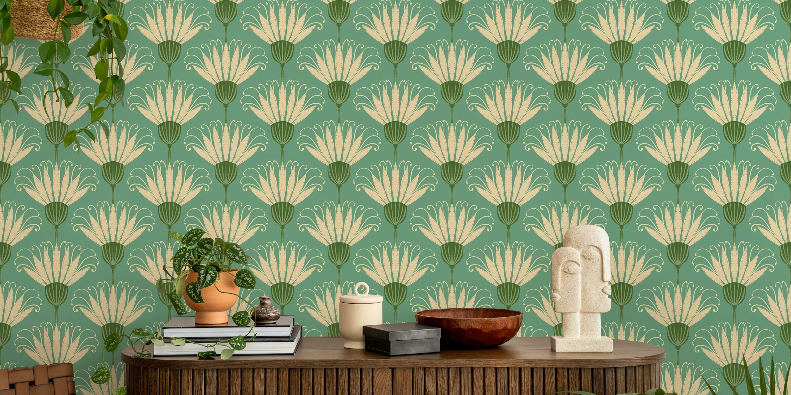 Green retro floral wallpaper with small beige flowers and patterns