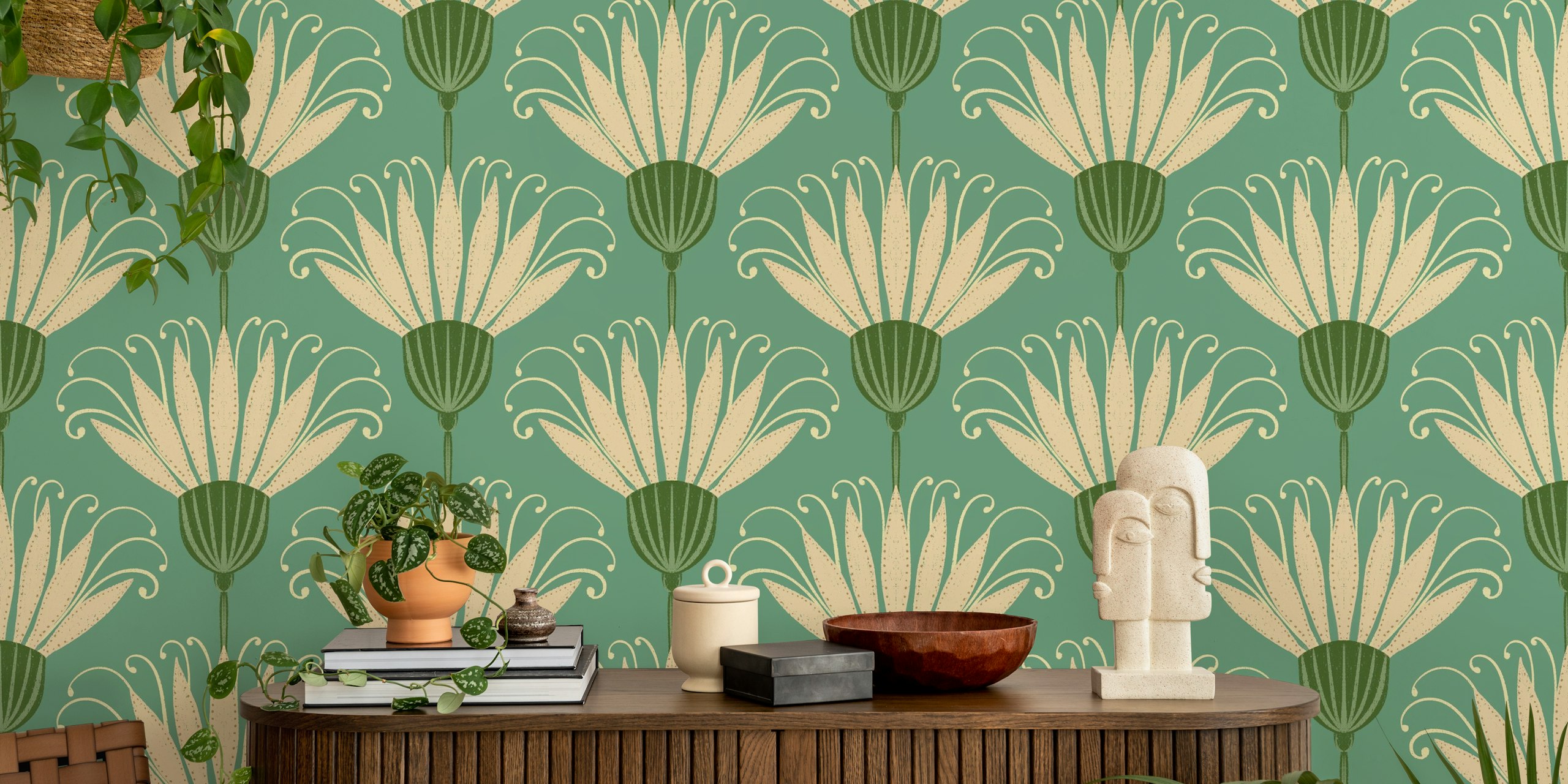 Soft Jade Green Retro Floral Wallpaper Design