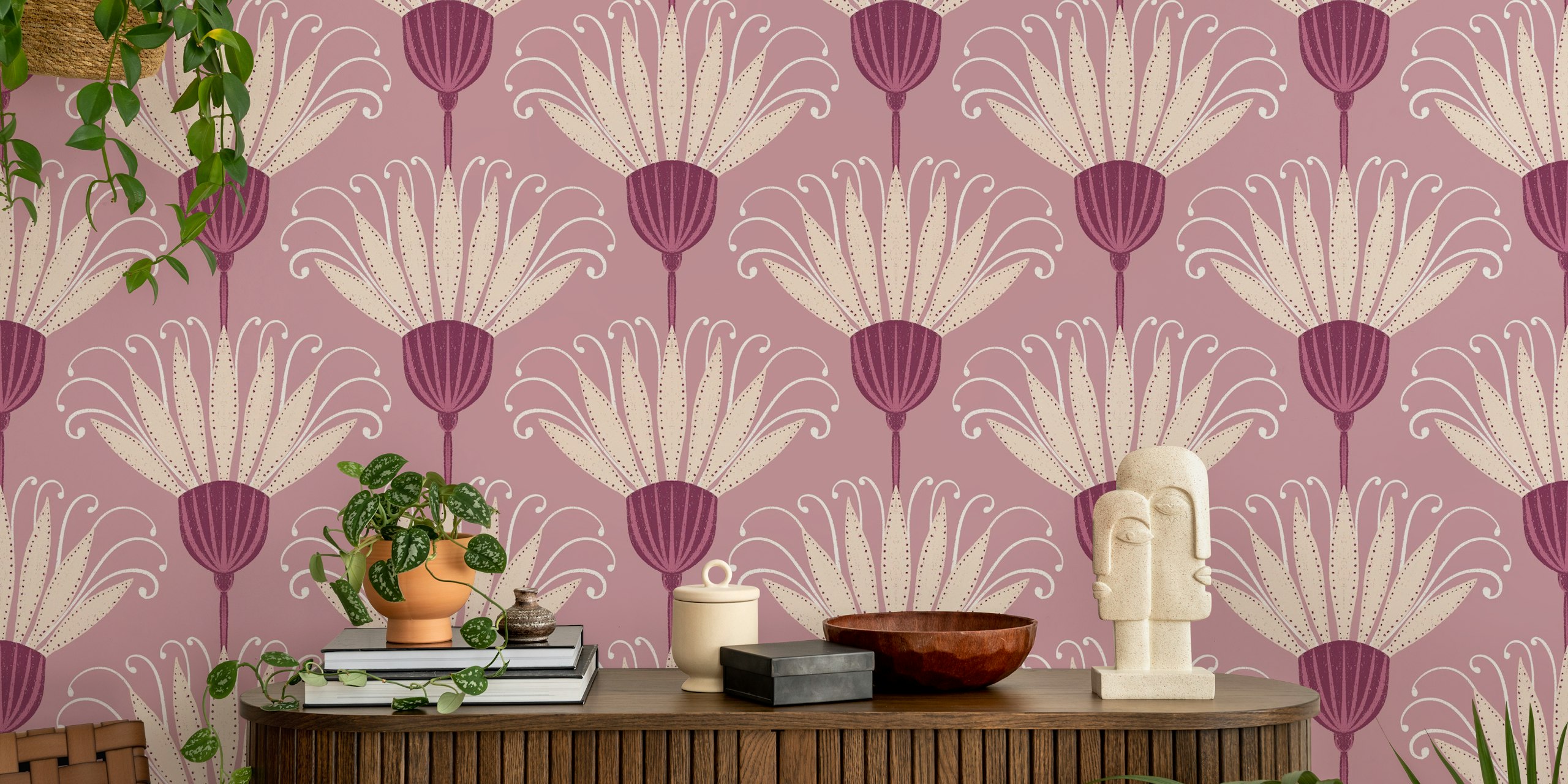 Large plum purple retro floral wallpaper with cream flowers