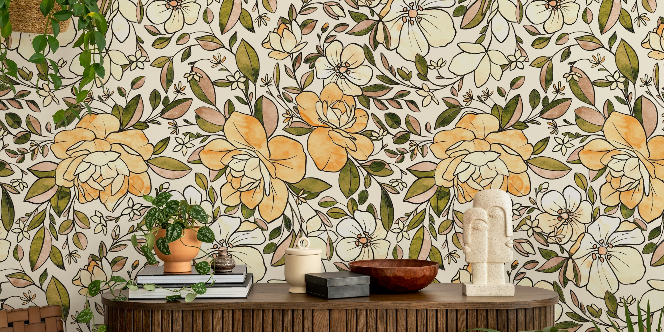 A Vintagey Botanical Floral papel pintado en una habitación