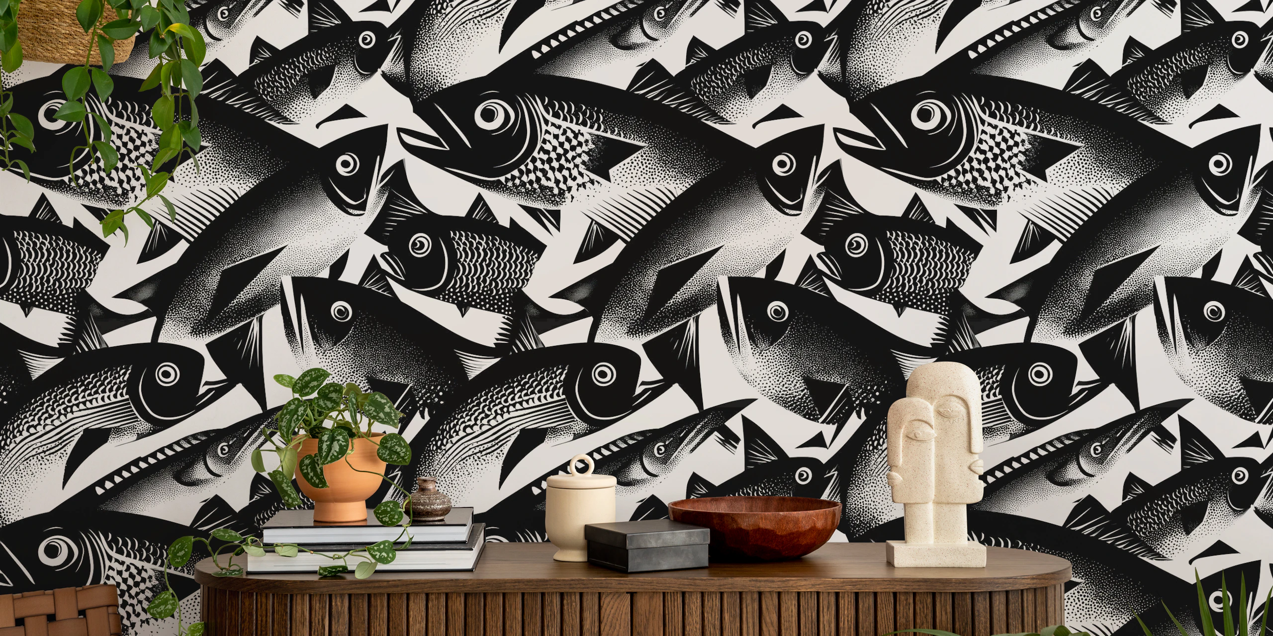 Monochrome Fish Pattern Wallpaper