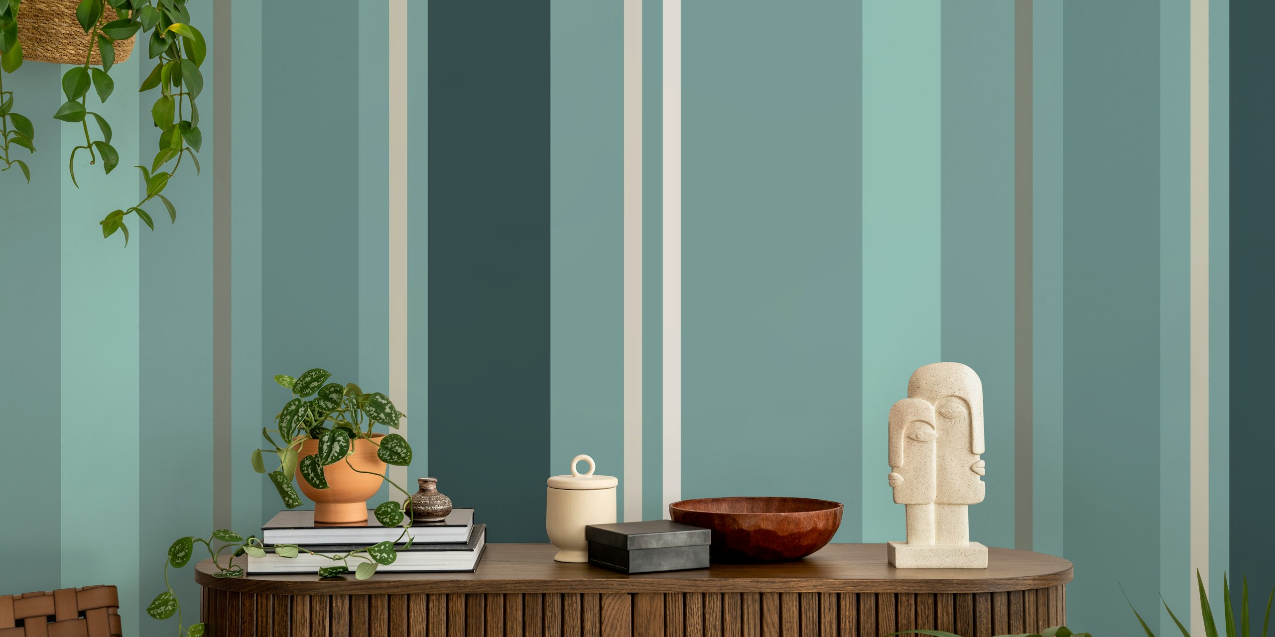 Minimal Stripes Teal Aqua wallpaper displayed in a room