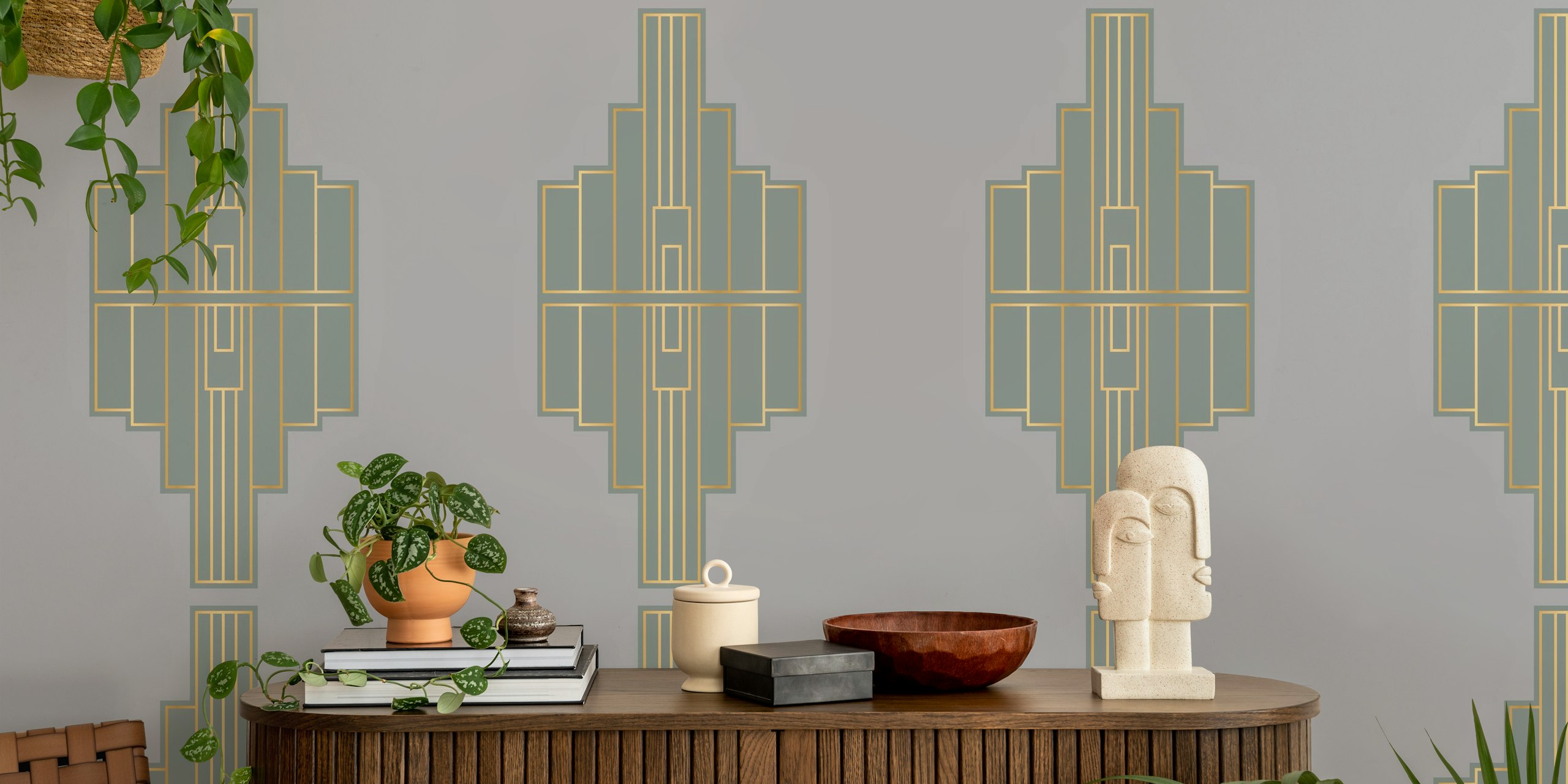 Art Deco inspired wall mural with grey background and gold geometric pattern