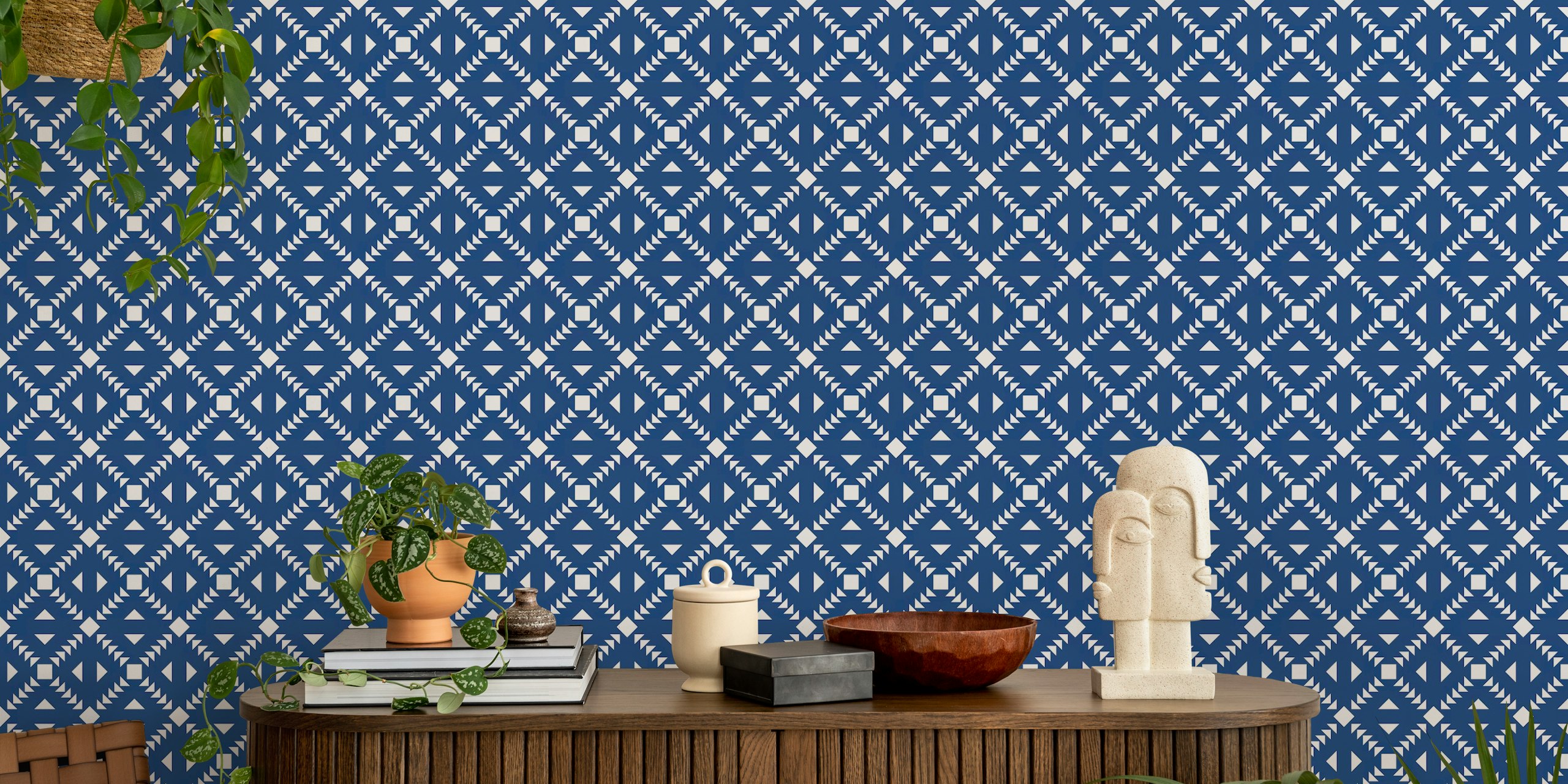 Navy blue tiles minimalist wallpaper in interior