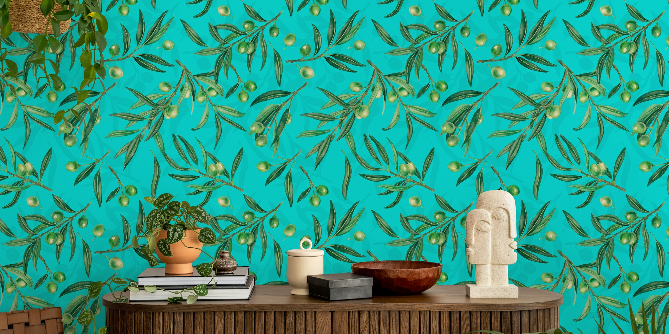 Olive branches with green leaves and golden olives on a watercolor blue background wall mural
