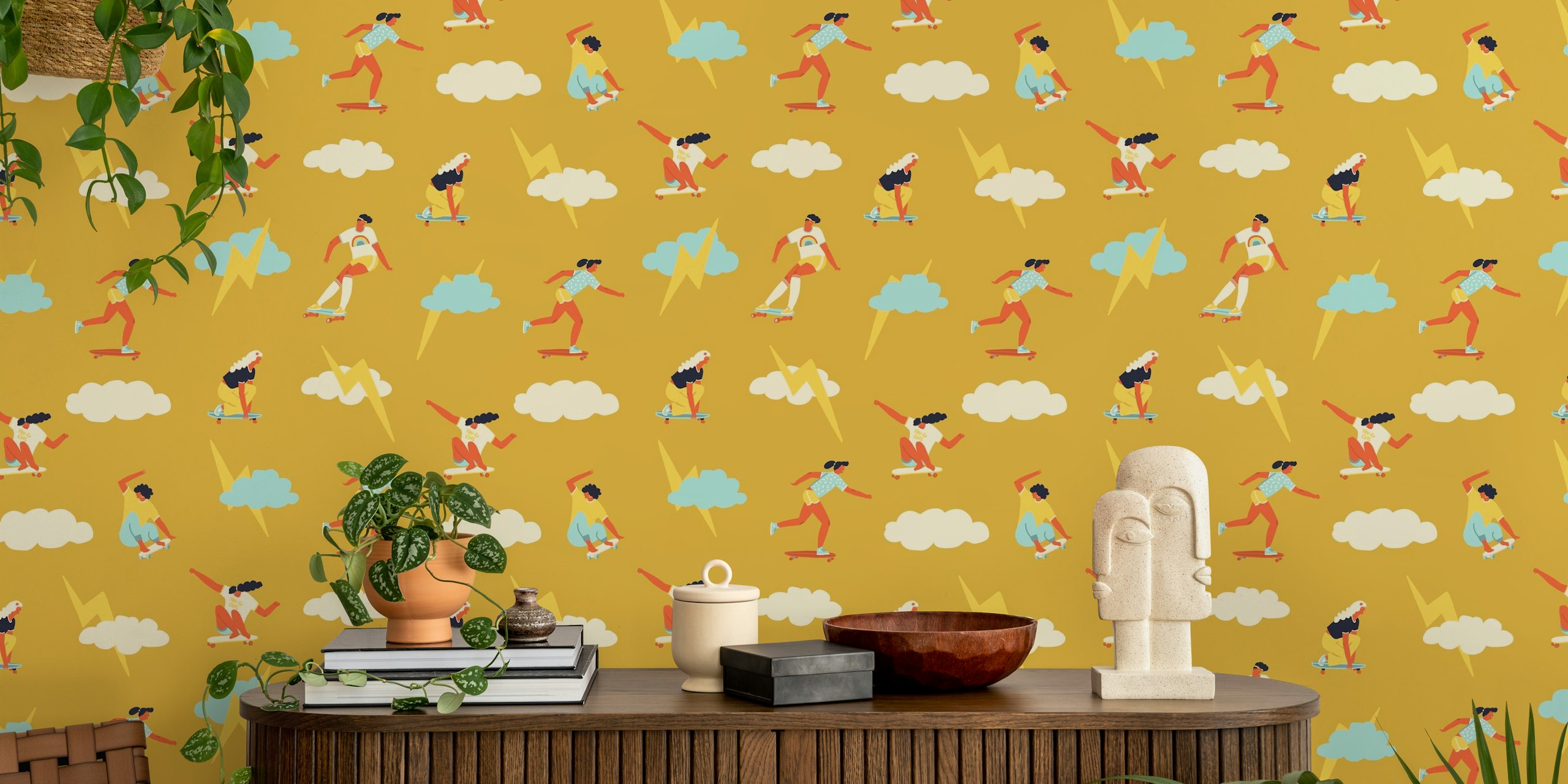 Animated women in dynamic poses on mustard background with clouds and lightning bolts wall mural