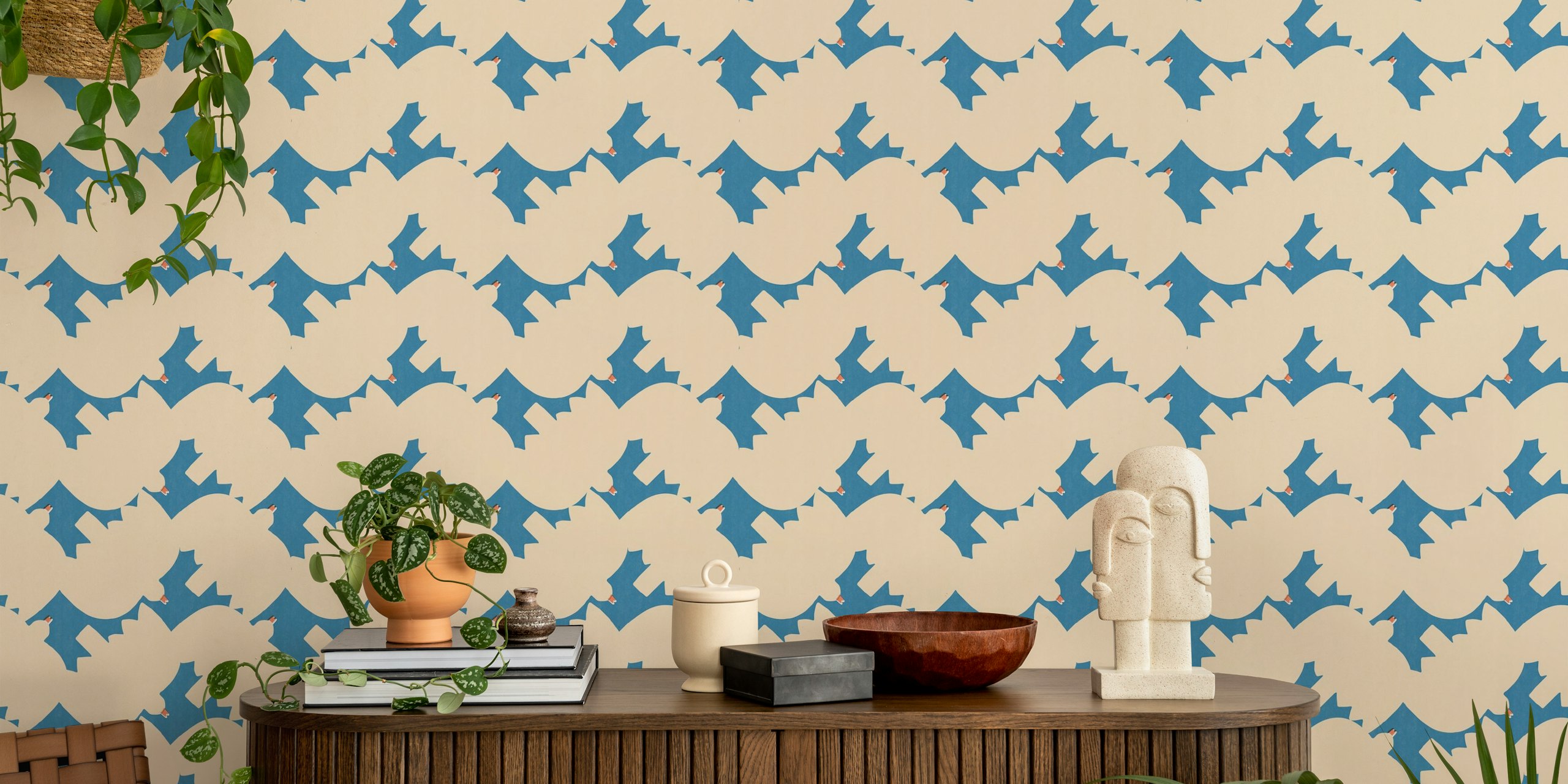 Wallpaper with white birds pattern in a styled room