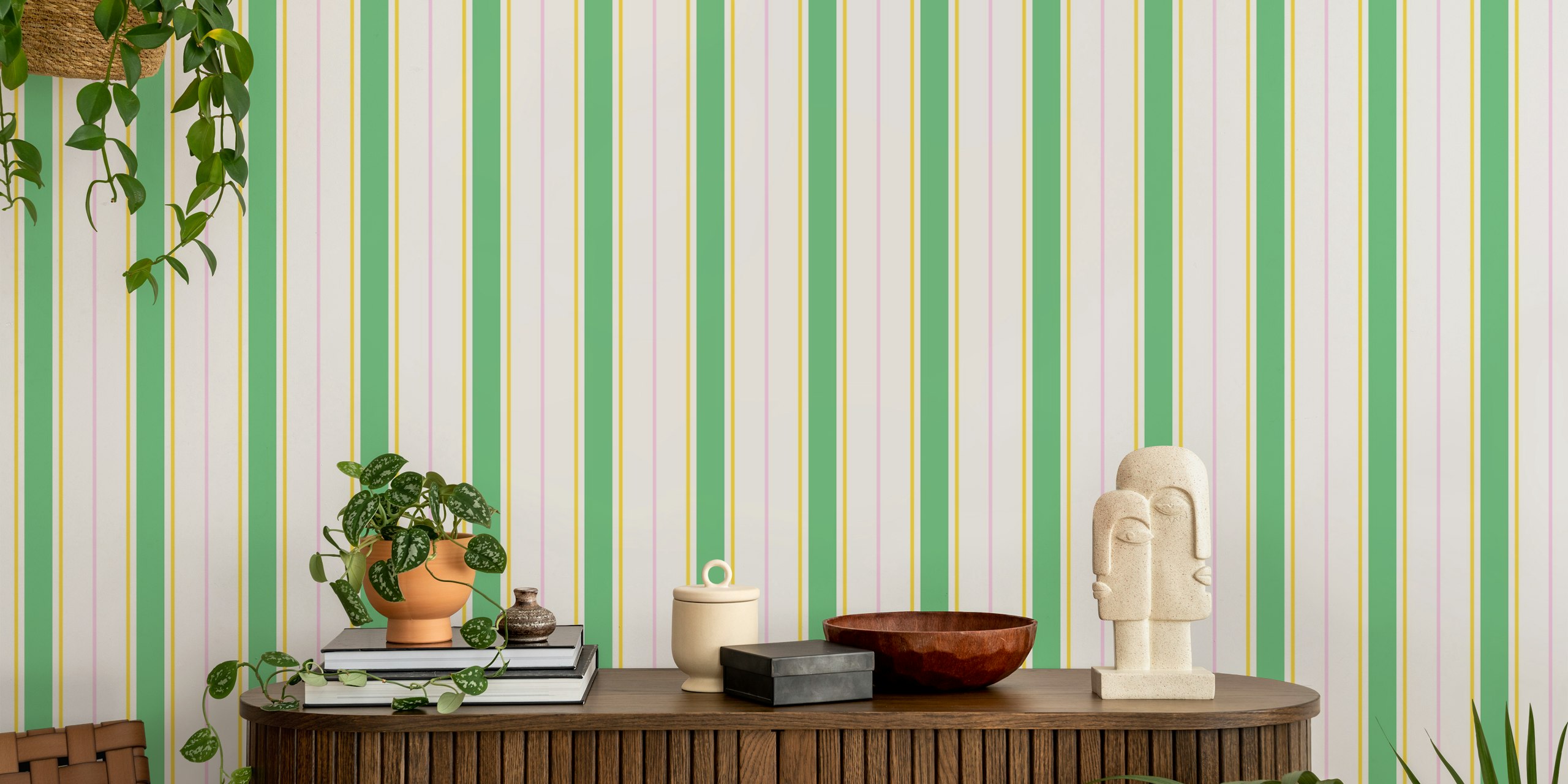 Vibrant summer stripes wall mural in shades of green, yellow, and pink.