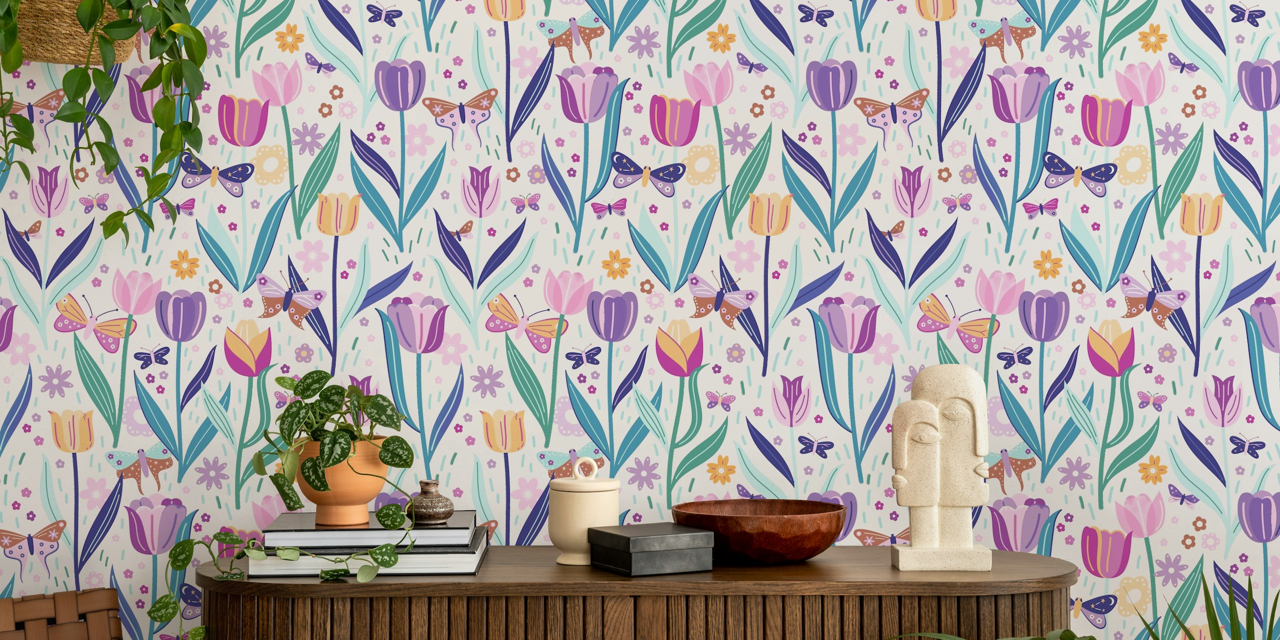 Colorful floral pattern with tulips and butterflies wallpaper