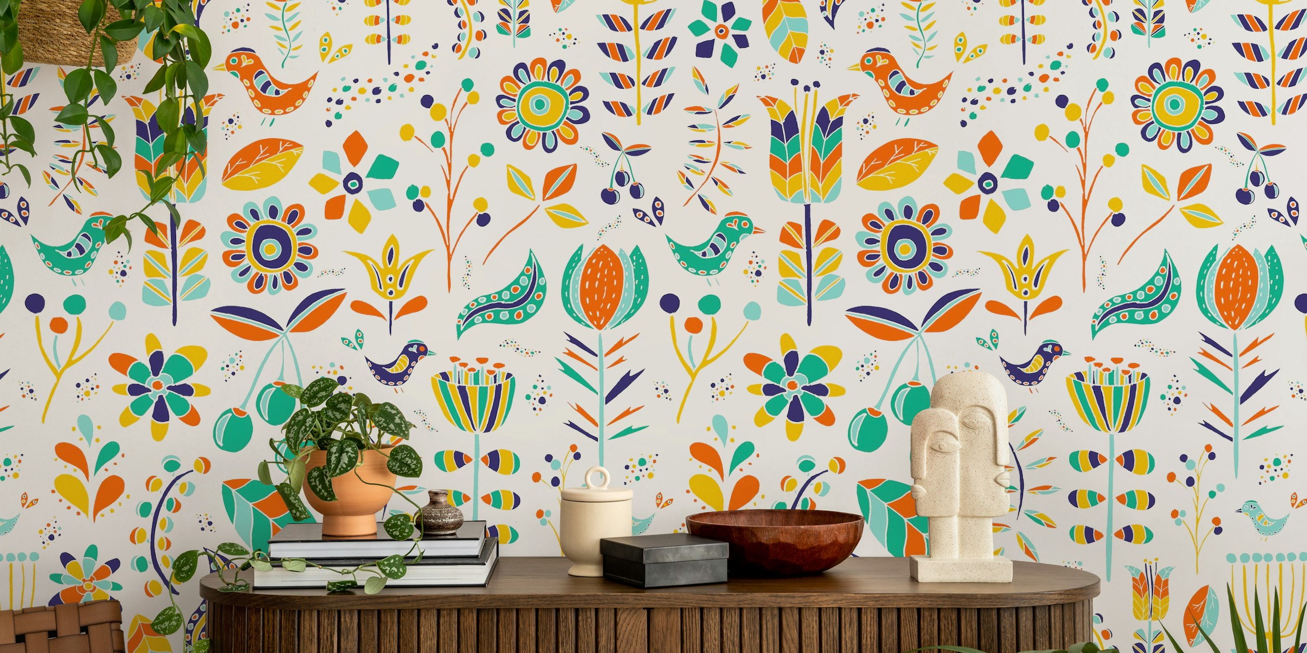 Colorful floral and bird patterns in various bright colors on a white background wallpaper