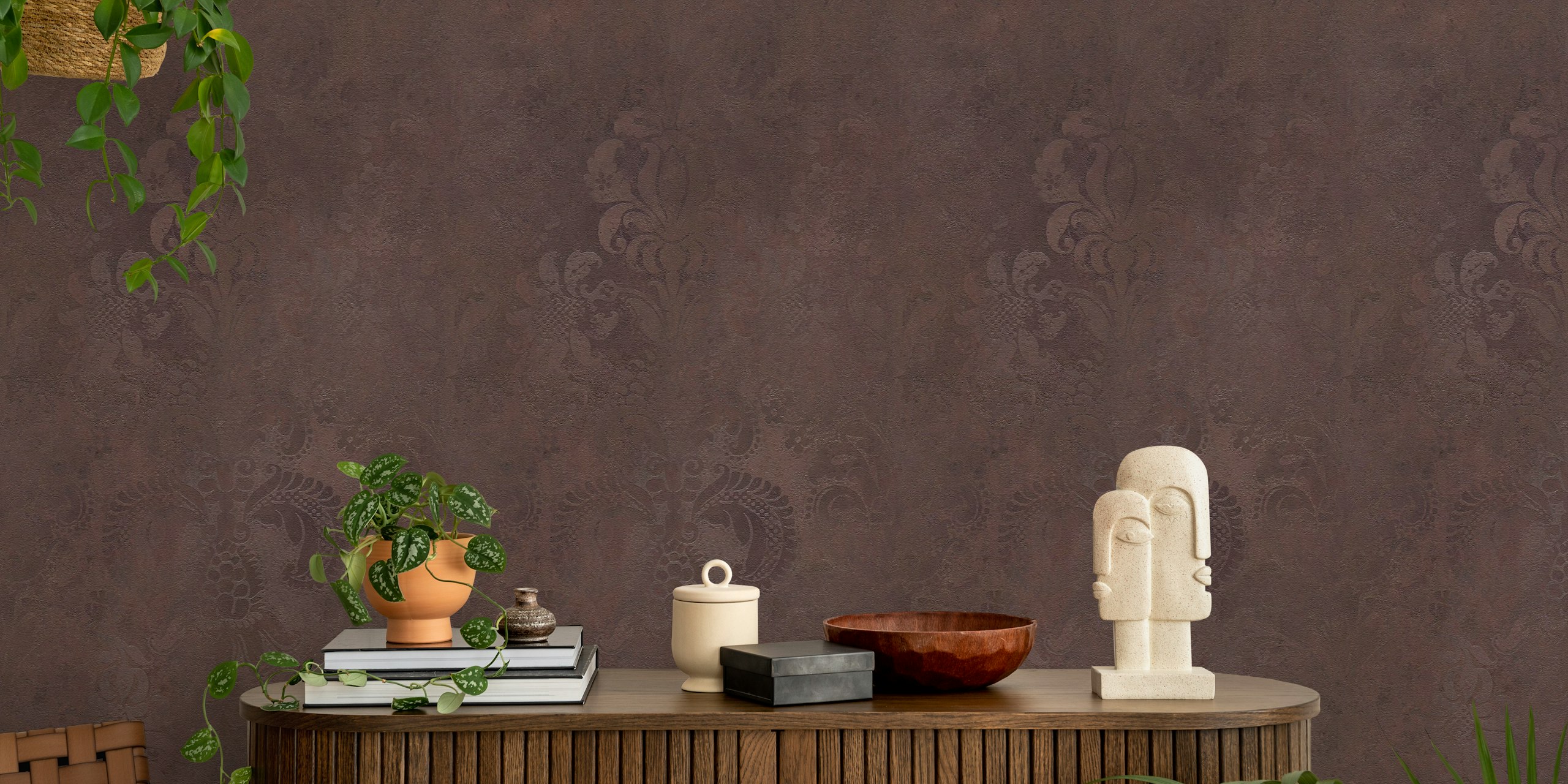Grunge Damask Pattern Chocolate Brown papel tapiz