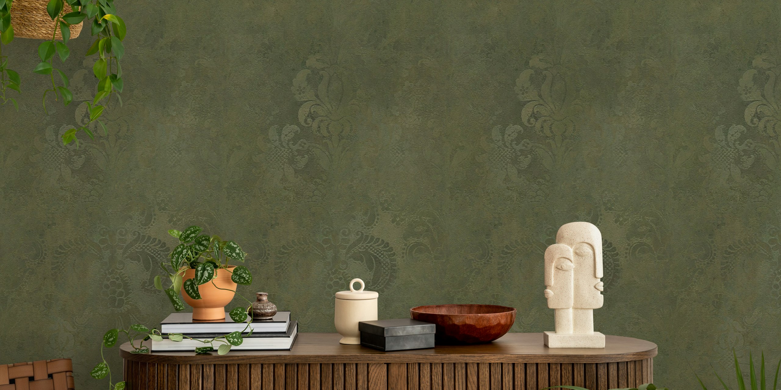 Grunge Damask Pattern Olive Green tapeta v místnosti