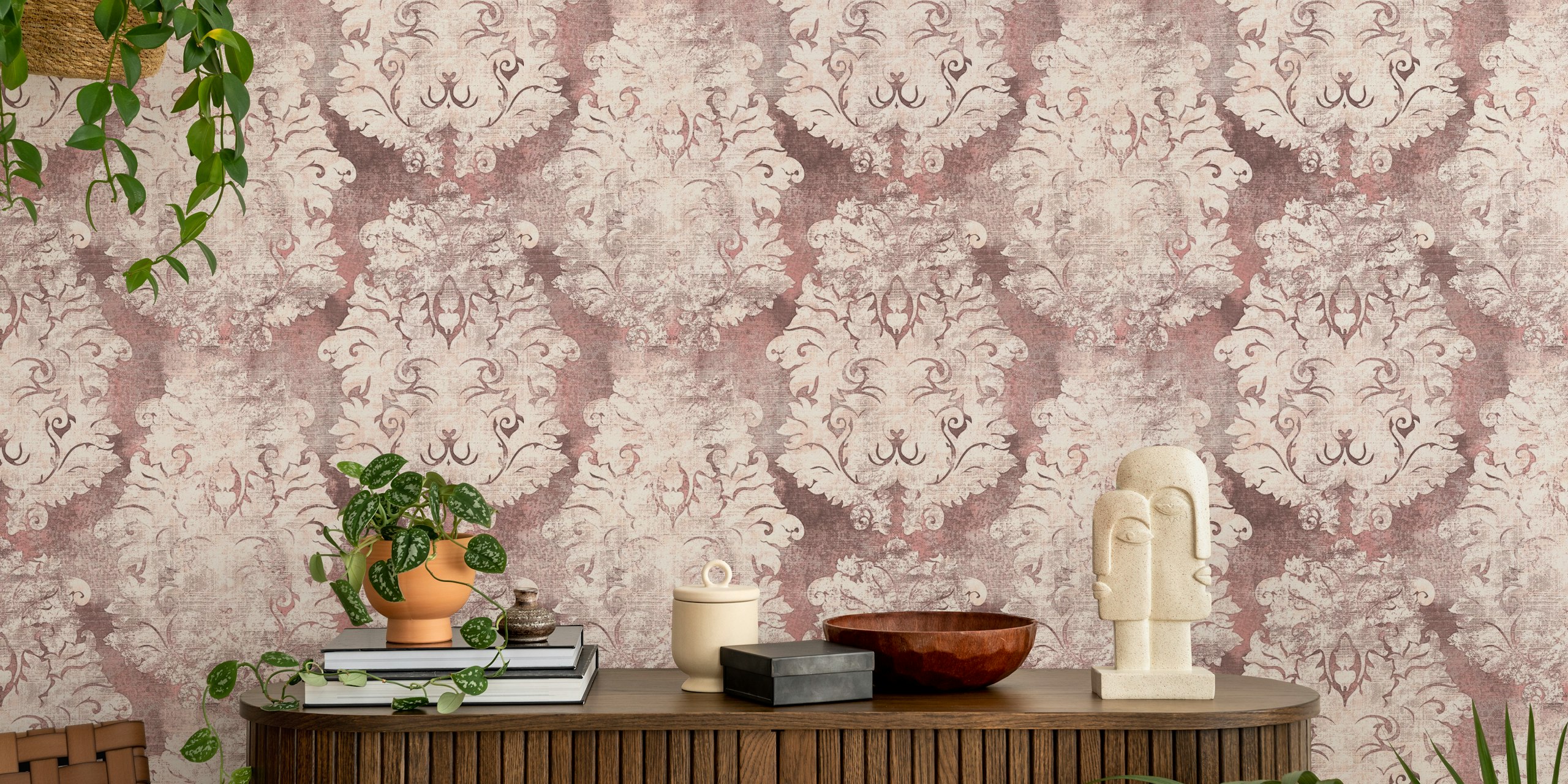 Antique Damask Pattern tapet i dusty pink og ivory