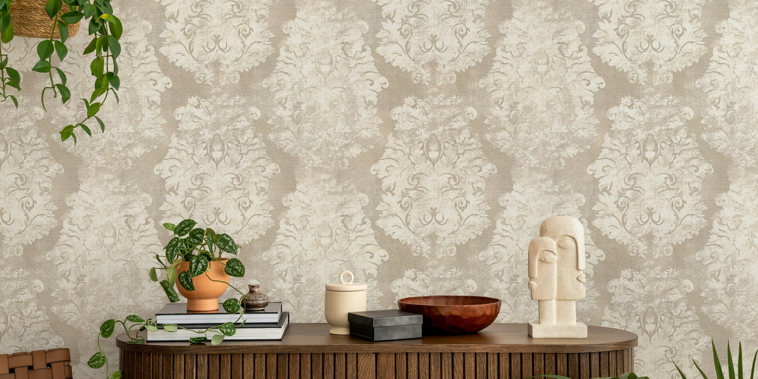 Antique Damask Pattern Beige wallpaper in a room