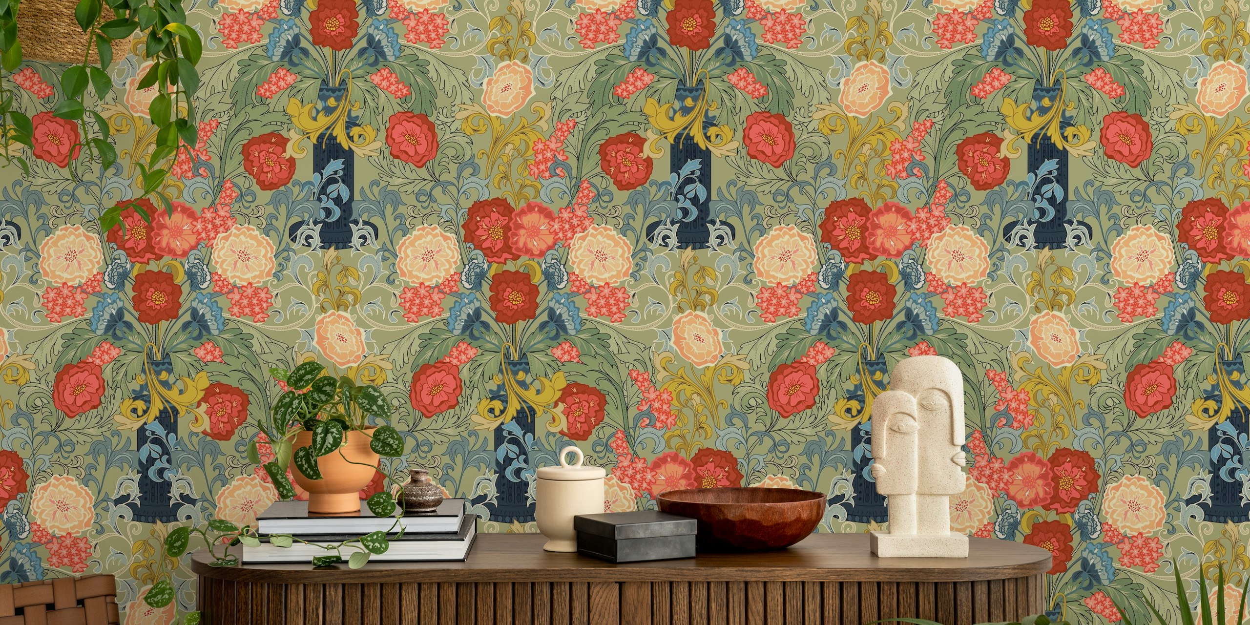 Victorian bloemenbehang met rozen en groene bladeren in salie groene achtergrond.