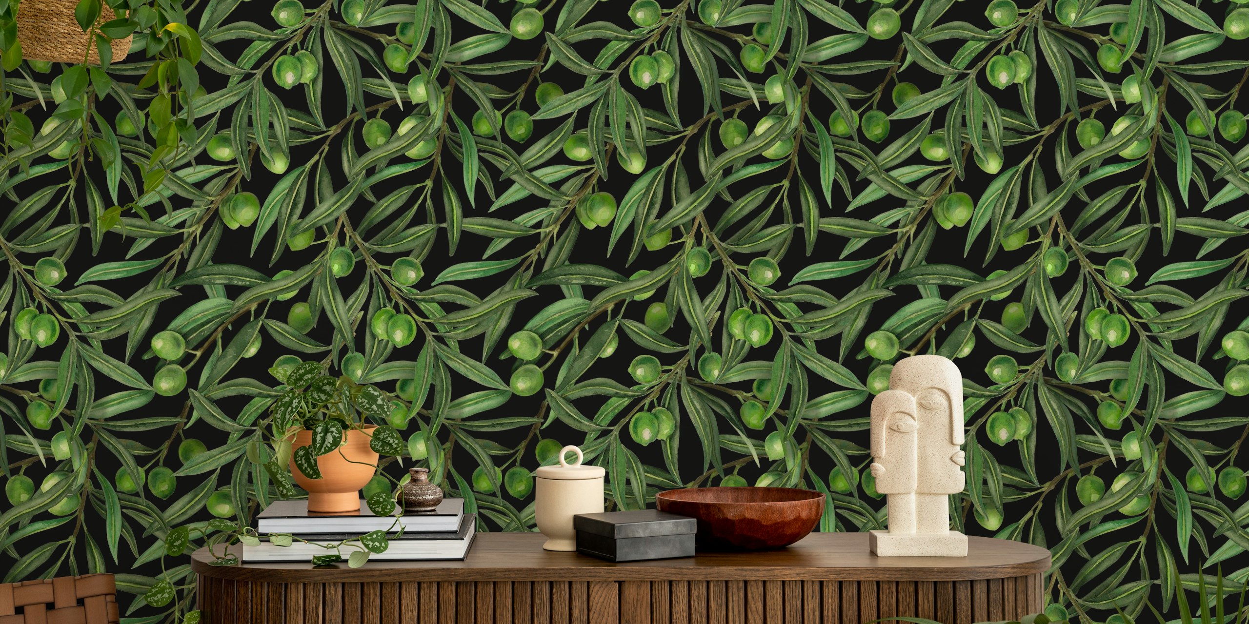 Olive branches Tapetenmuster in einem Raum