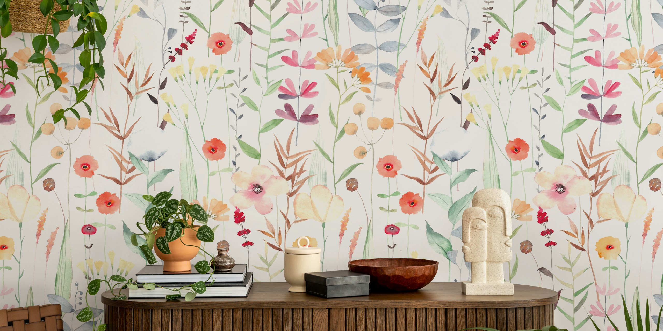Colorful watercolor flowers in soft hues on white wallpaper