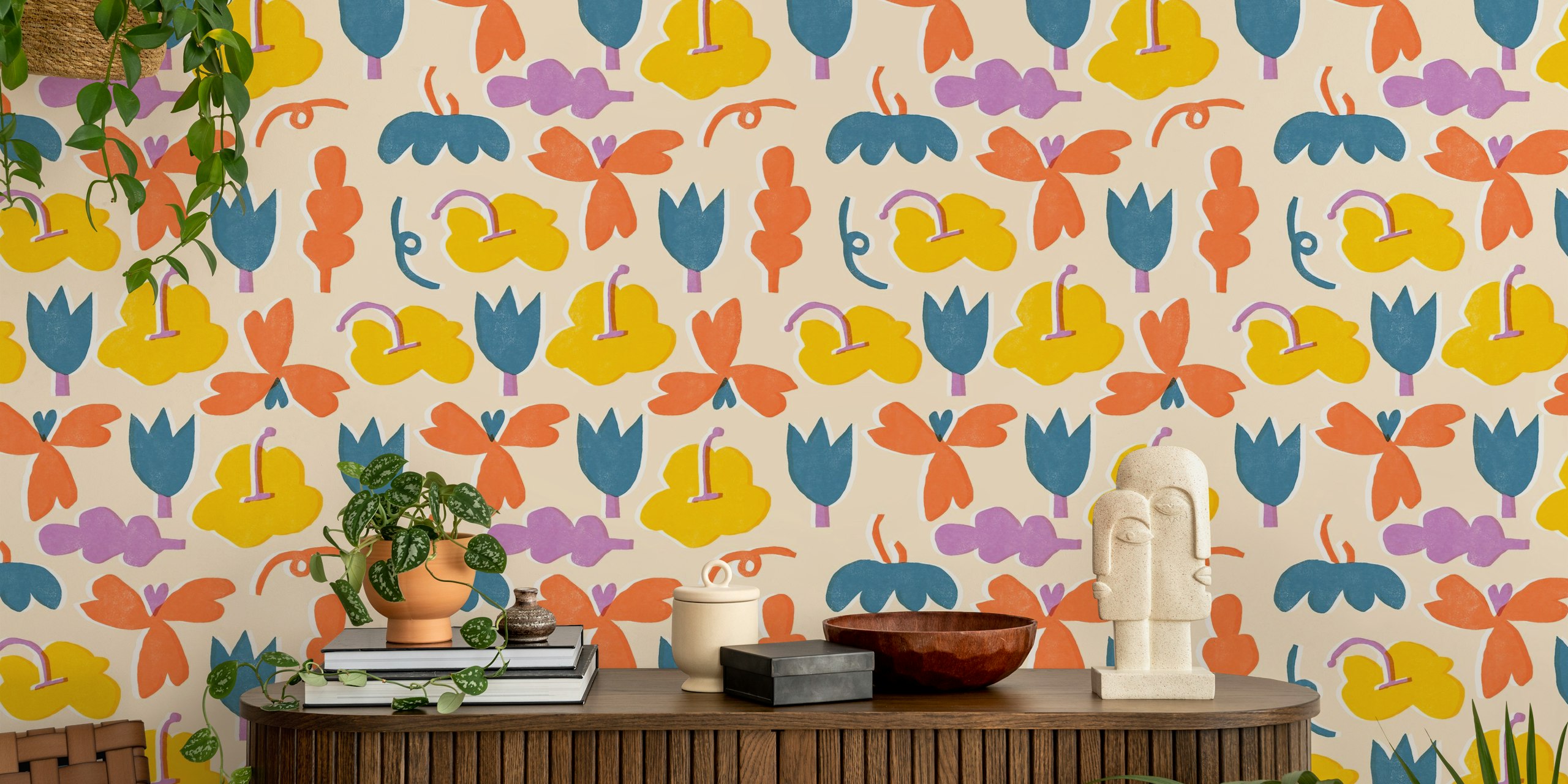 Kleurvolle happy retro wallpaper in een kamer