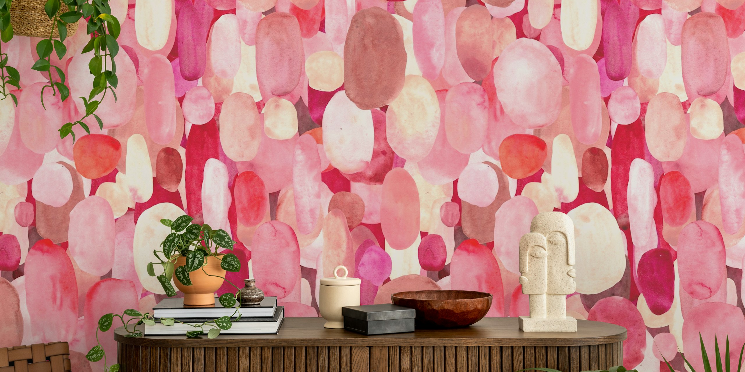 Colorful red spots pattern wallpaper in a room