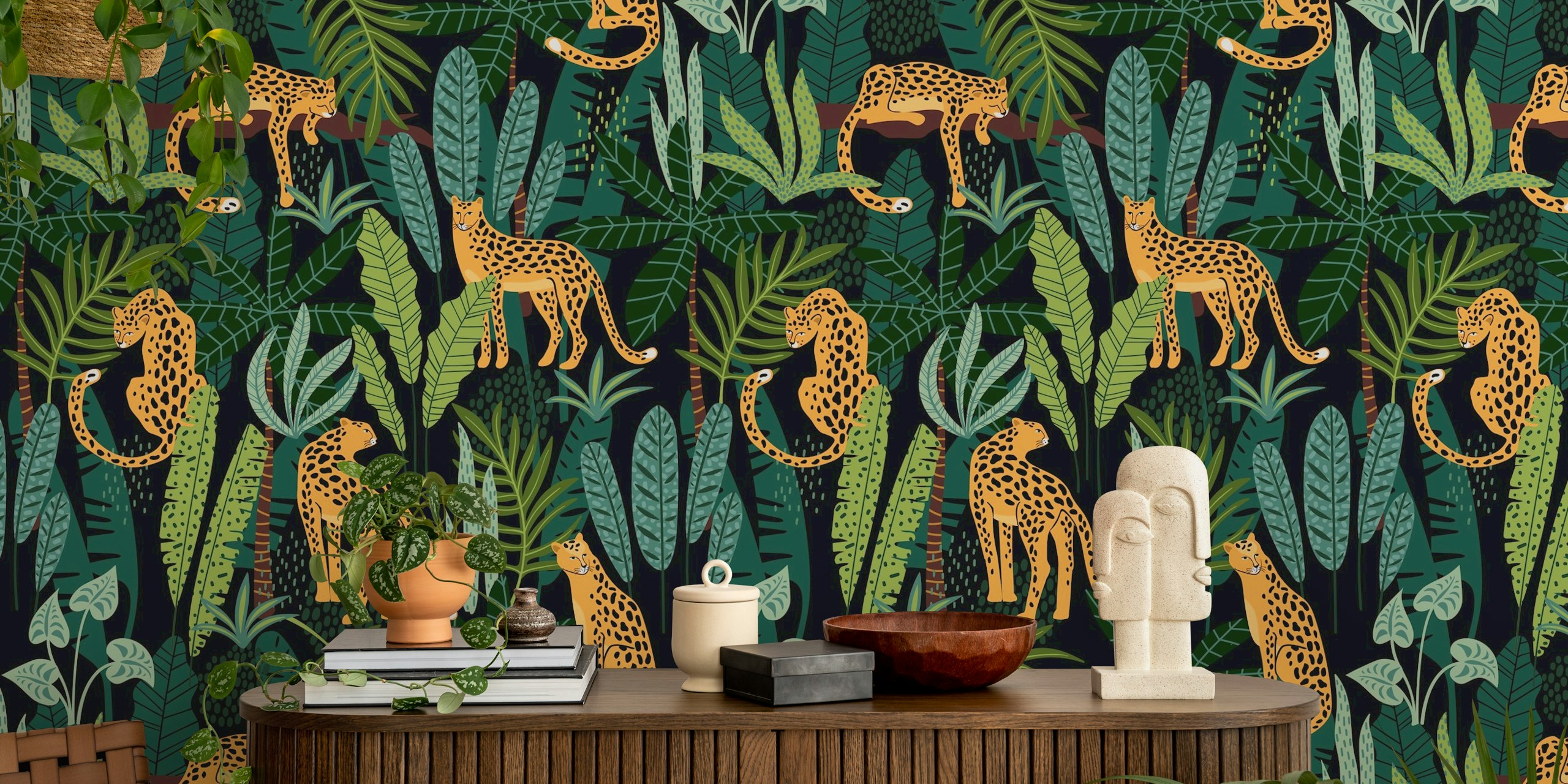 Fotomural leopardos exóticos en medio de un exuberante follaje verde