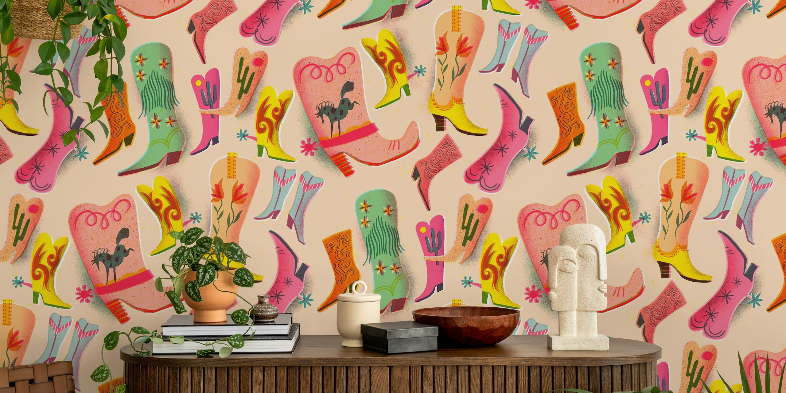 Colorful cowboy boots in shades of pink, green, and yellow wallpaper