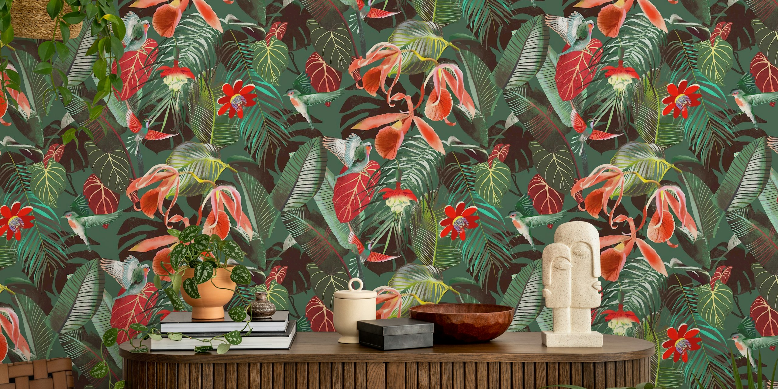 Tapeta Dark jungle s hummingbirds a fronds