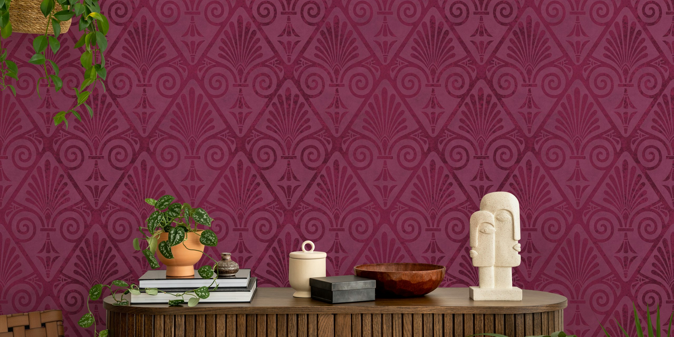 Art Deco Opulence Reverie wall mural in burgundy and crimson tones with geometric patterns