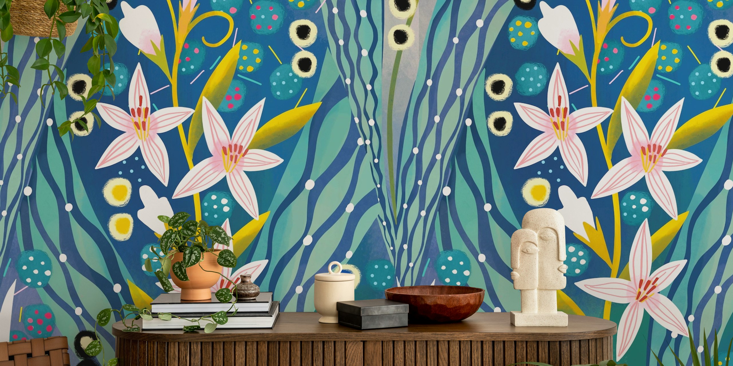Art deco lilies wallpaper design in a room