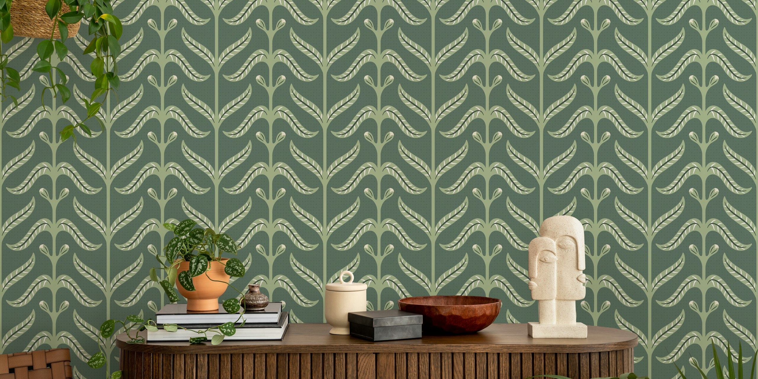 Botanical green leaves wallpaper with patterned vines, nature-inspired