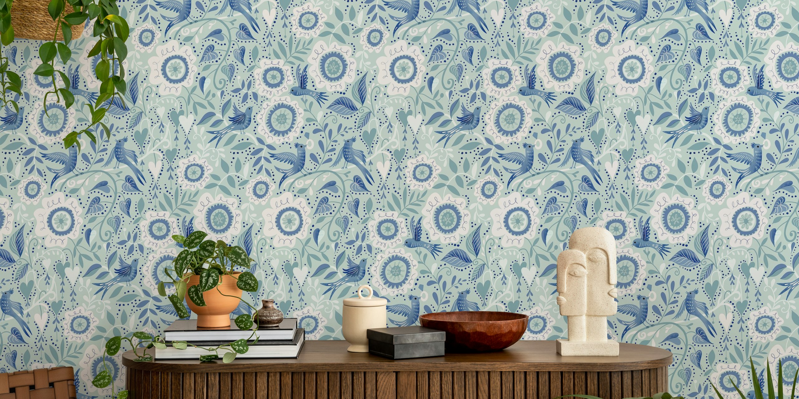 Blue birds and white flowers on mint background wallpaper