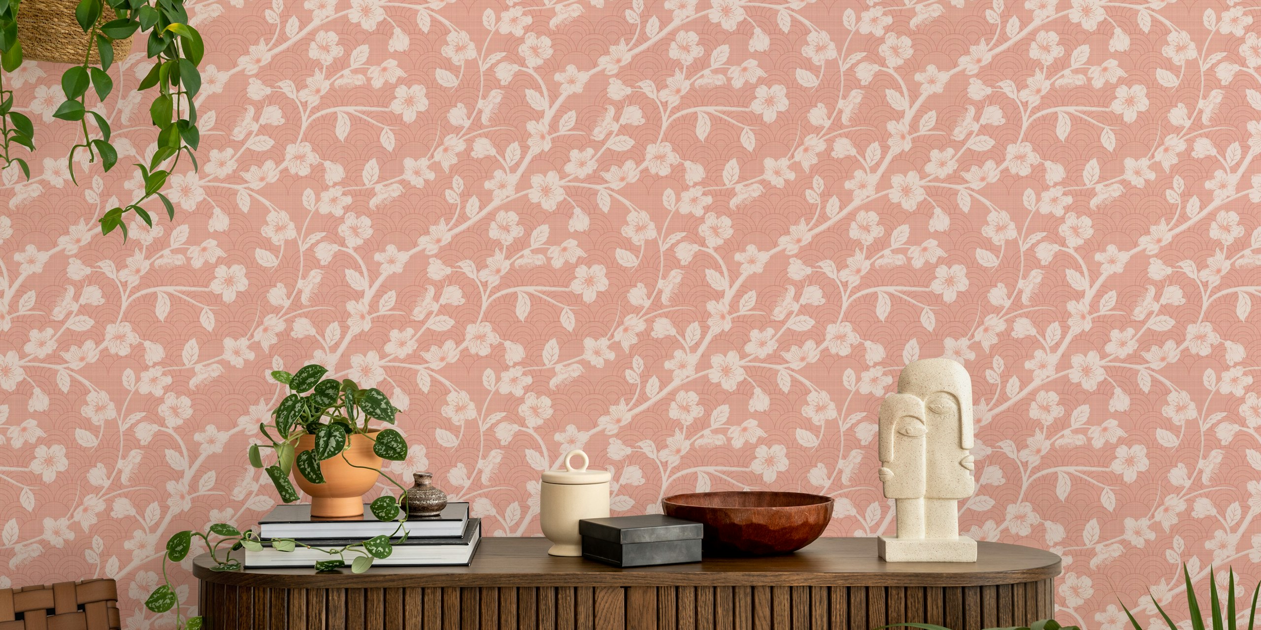 Behang met cherry blossoms peachy pink patroon in een kamer