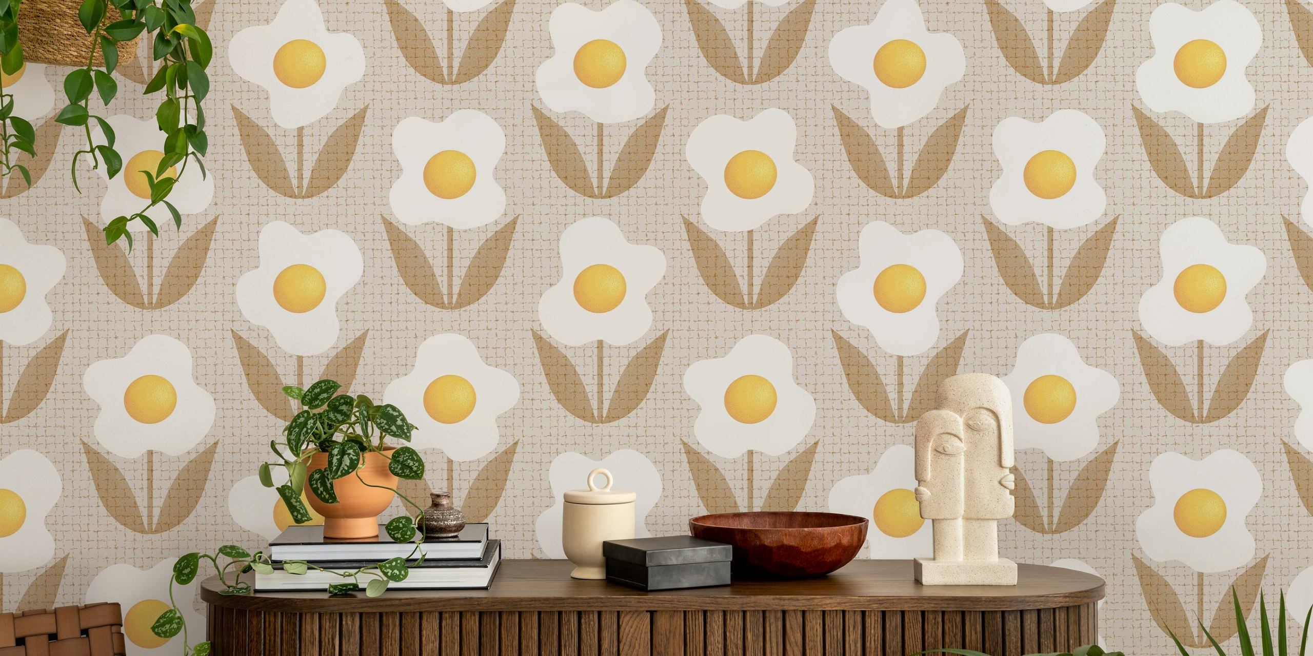 Playful fried egg flowers with a retro twist wall mural