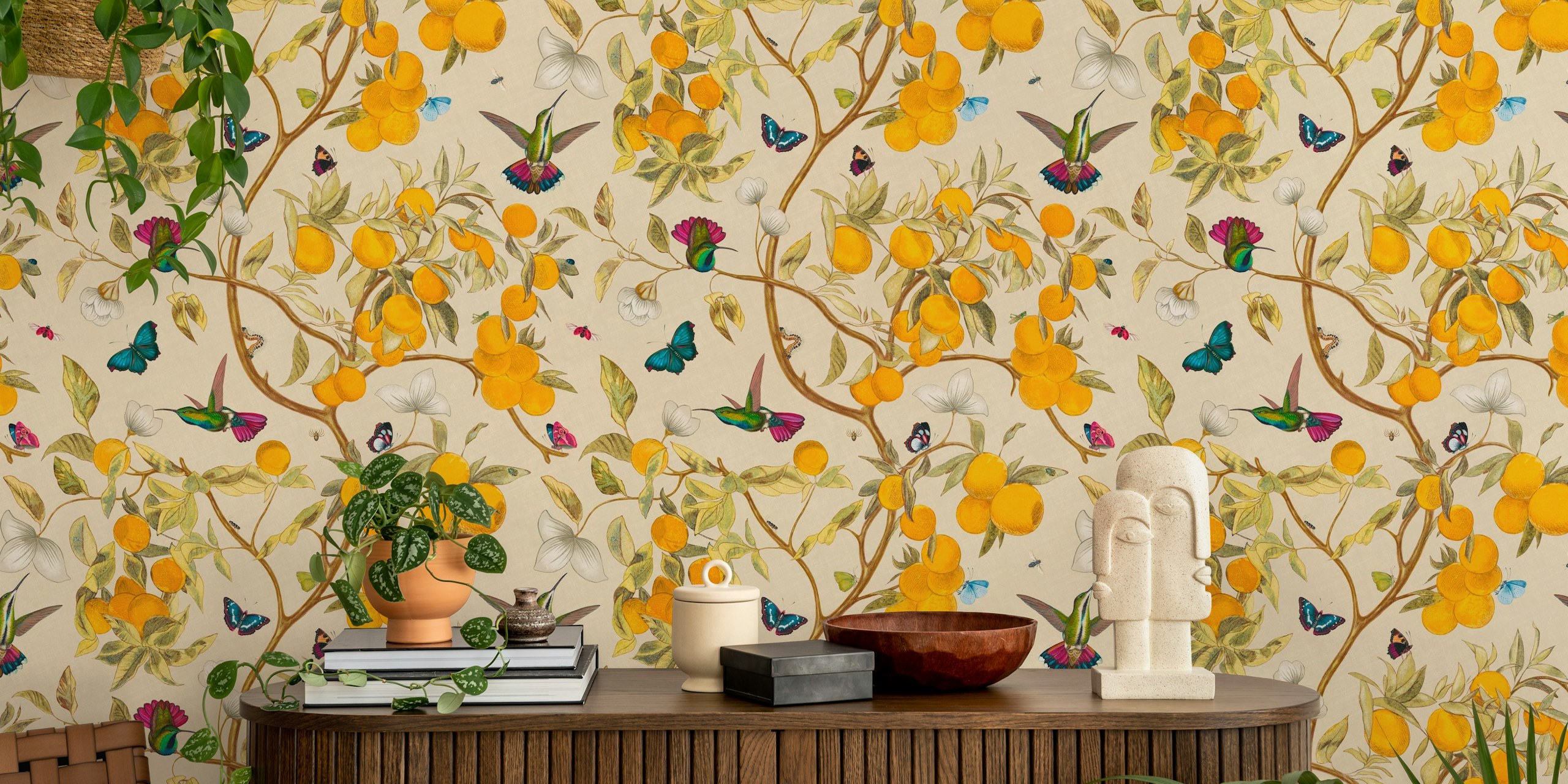 Hummingbirds and lemons wallpaper design