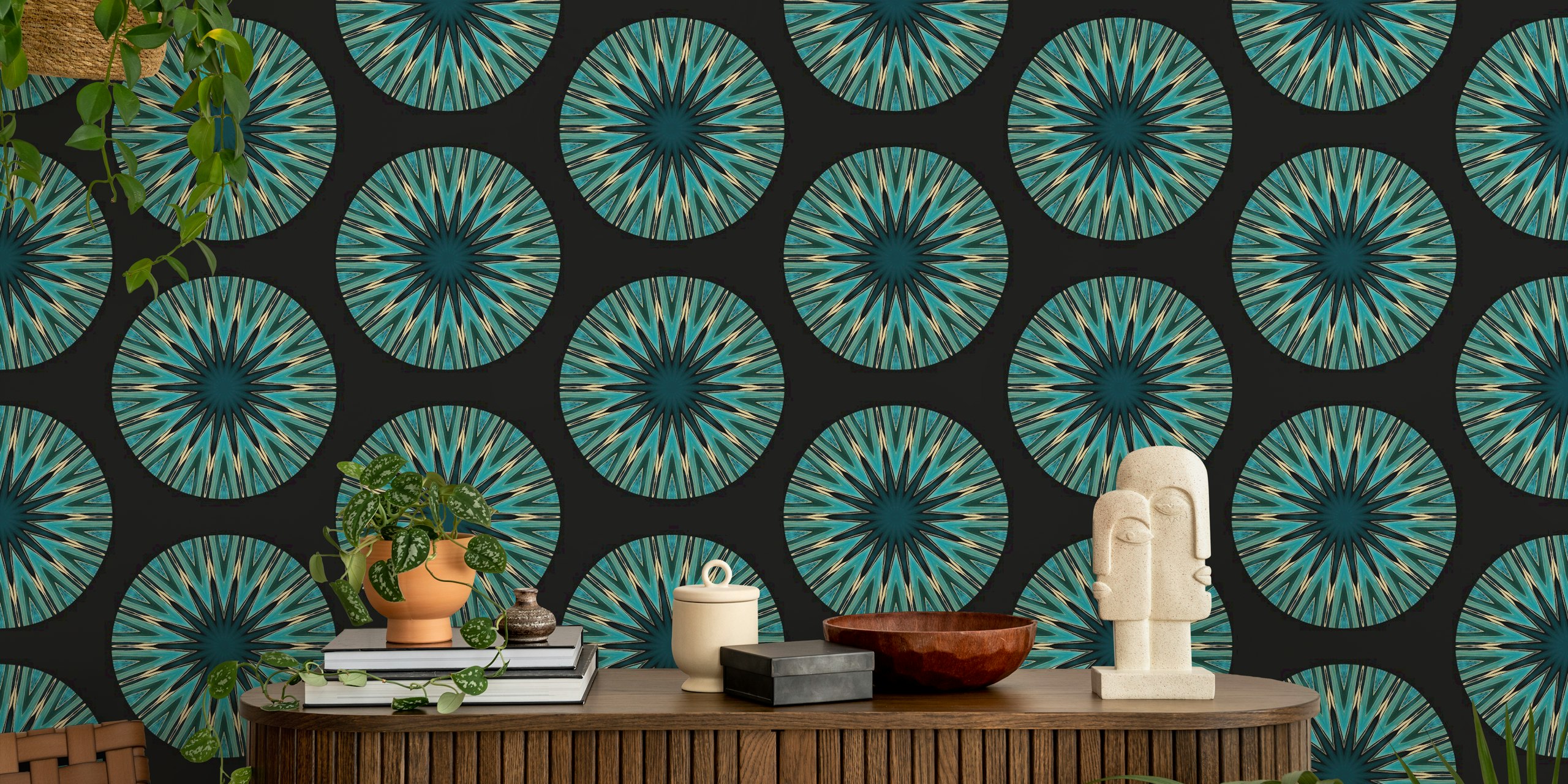 Teal and gold round geometric pattern wallpaper