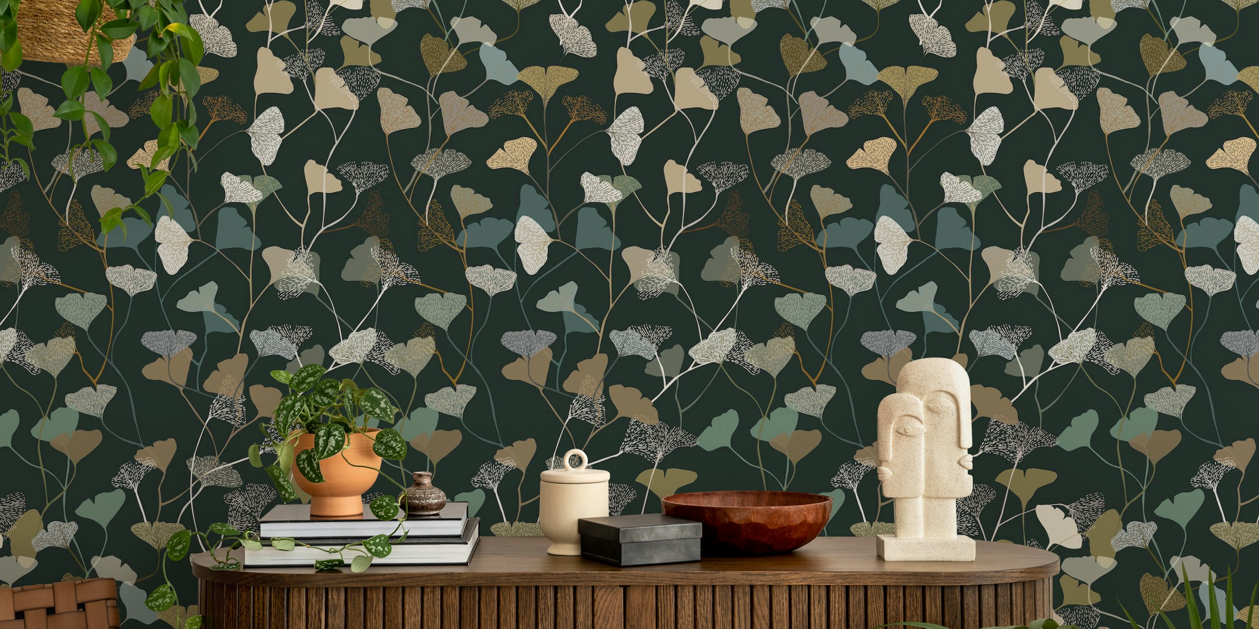 Ginkgo Leaves dark tapetti huoneessa