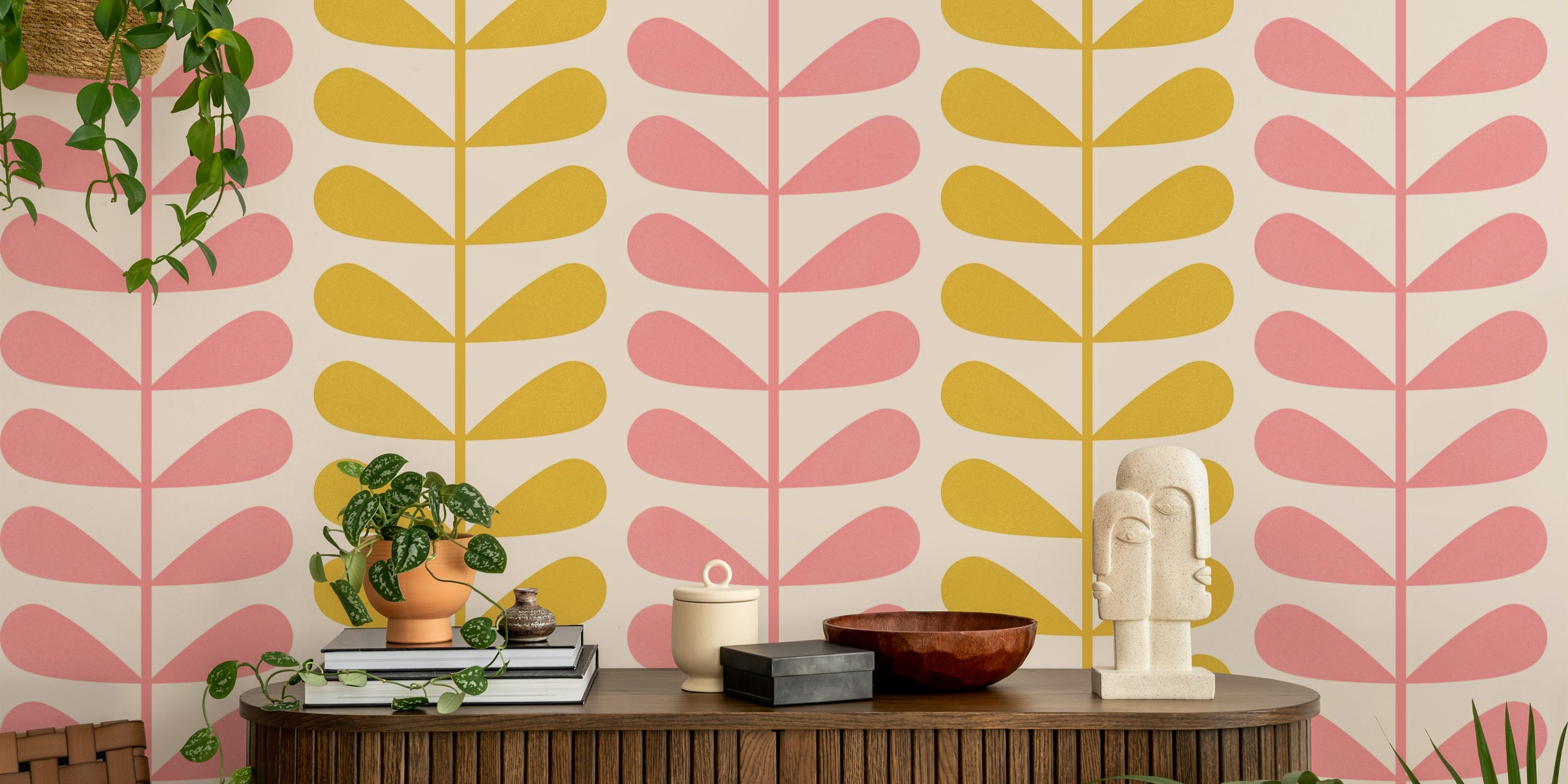 Geometric floral pattern in pink and gold colors wallpaper