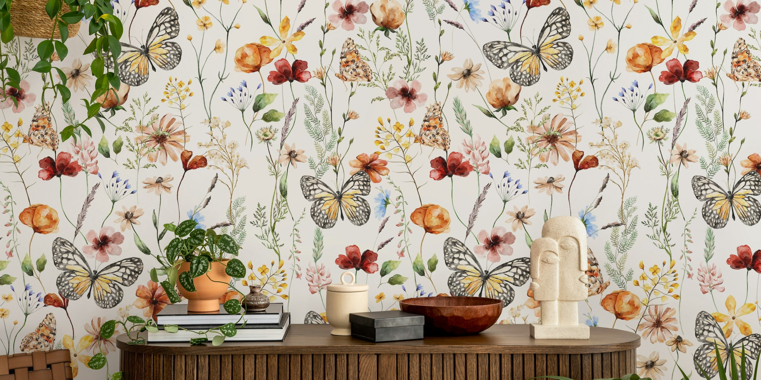 Dried wildflowers and butterflies wall mural design
