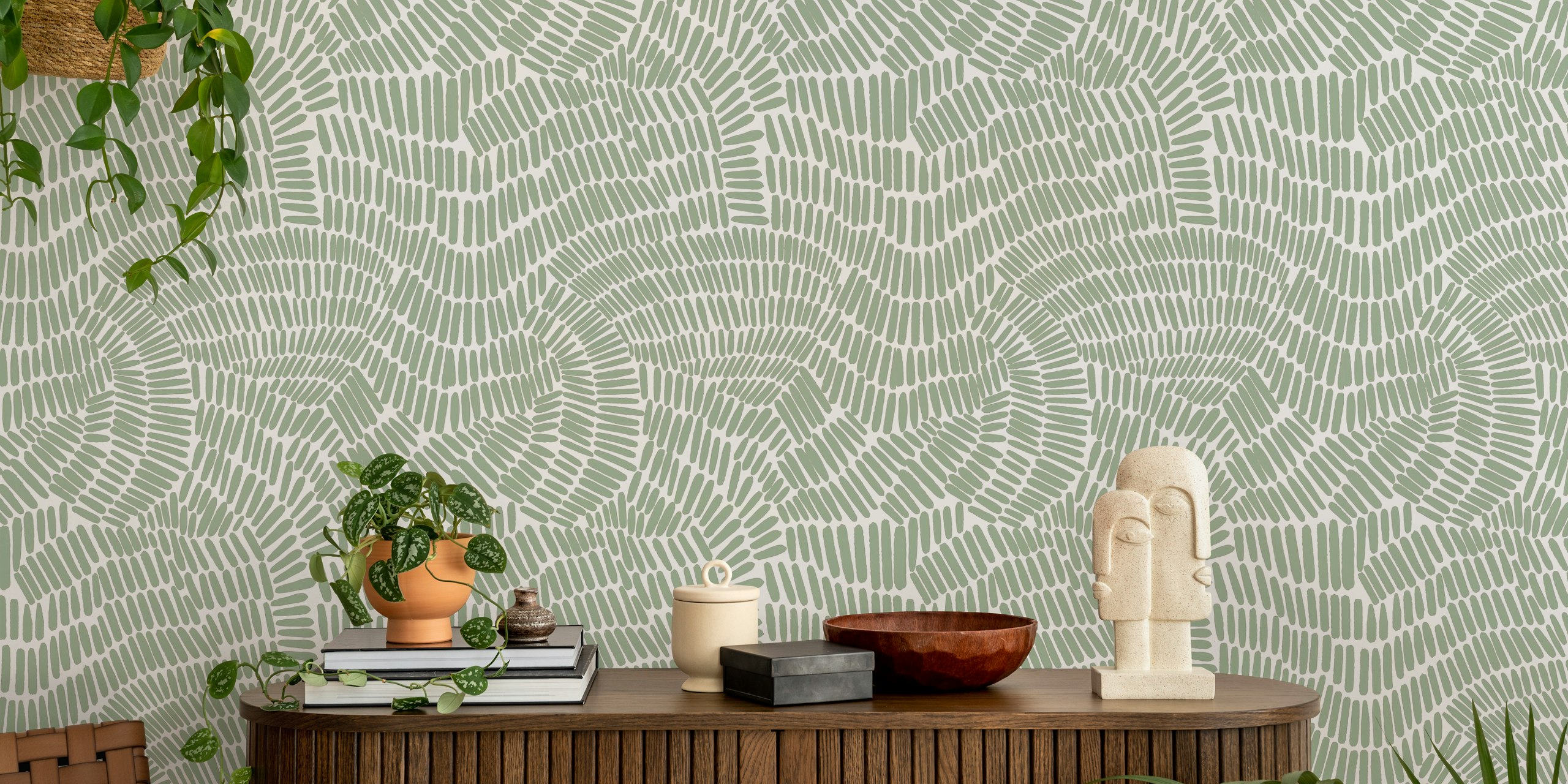 Lines work green behang in een kamer