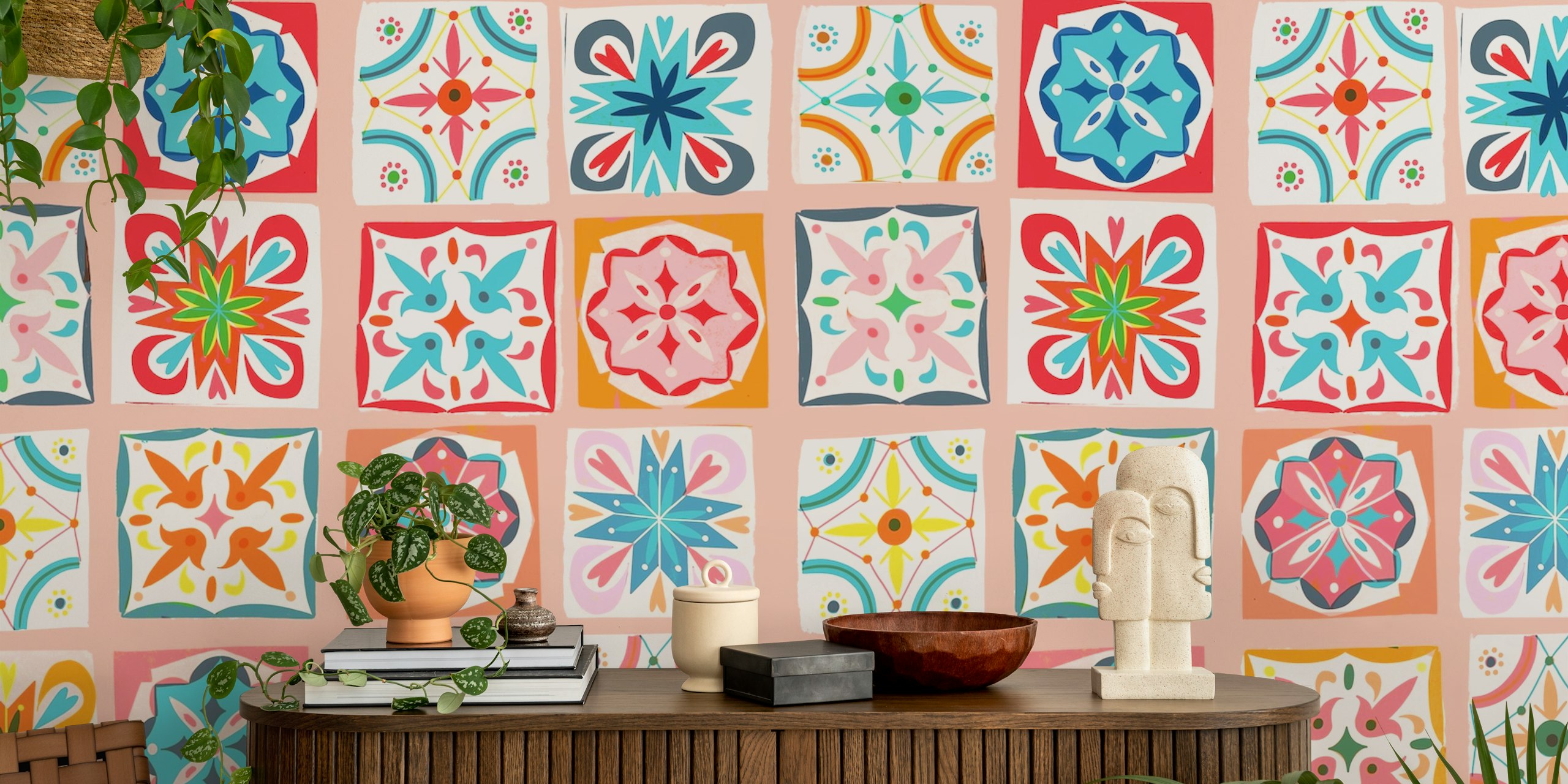 Checkers azulejos pastel rose wallpaper in a room