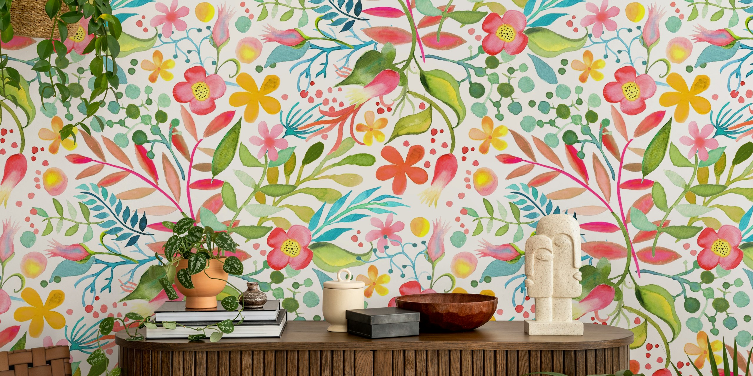 Summer garden watercolor wallpaper design in a room