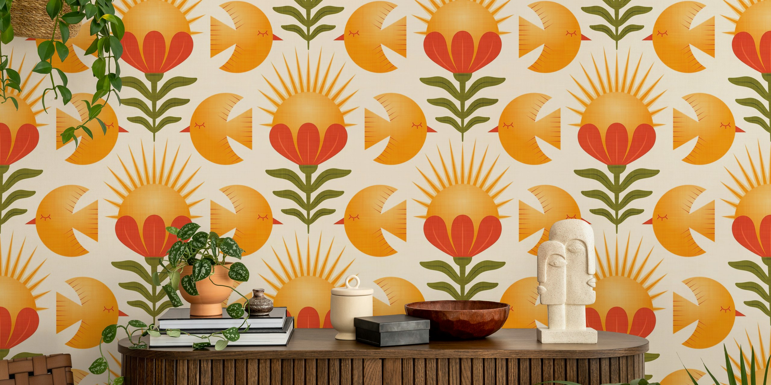 Zidni mural inspiriran vintage stilom sa stiliziranim pticama, oblicima sunca i rascvjetanim cvijećem u retro paleti boja.