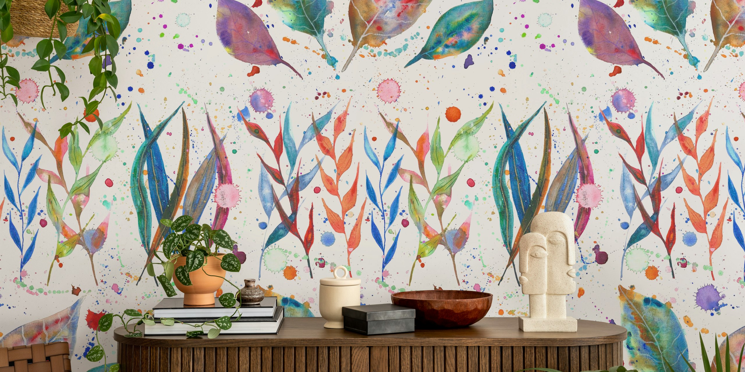 Rainbow watercolor foliage wallpaper design