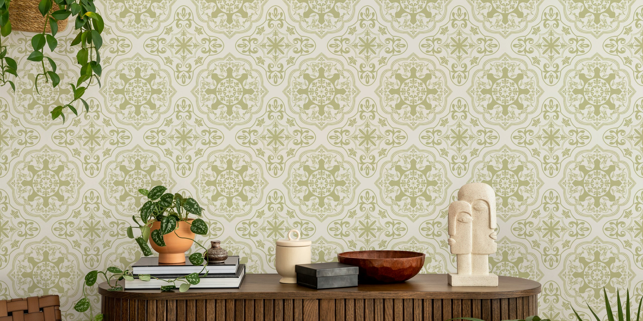 Green medallion patterns on cream background wallpaper